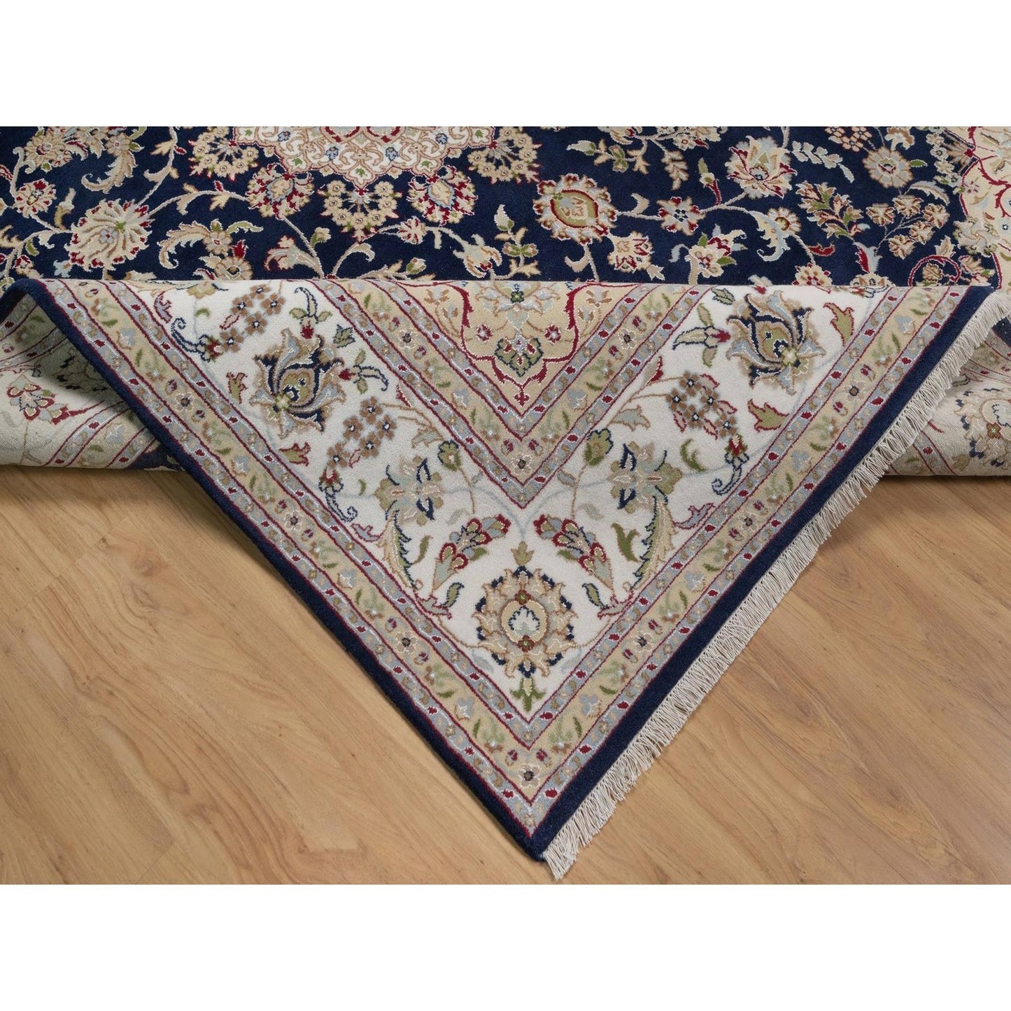 7'10"X10'3" Navy Nain Medallion Design Wool And Silk Hand Knotted Rug