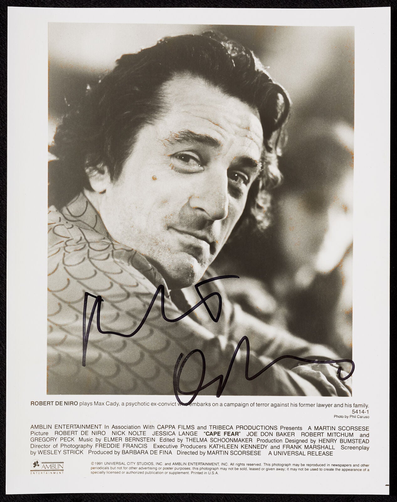 Robert De Niro Cape Fear Autograph 8X10 Original