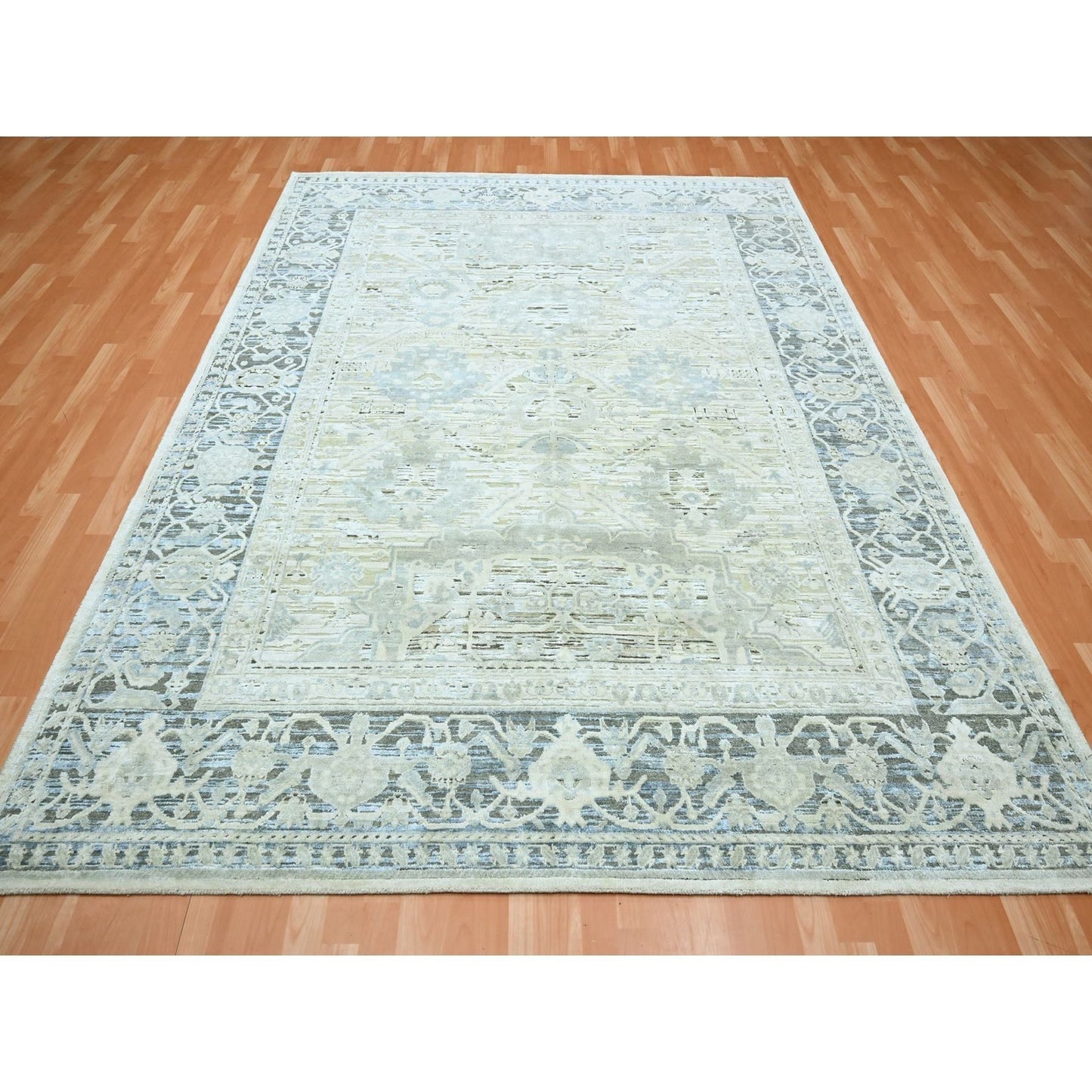 8'X9'10" Misty Gray Hand Knotted Oushak Design Silk And Oxidized Wool Rug