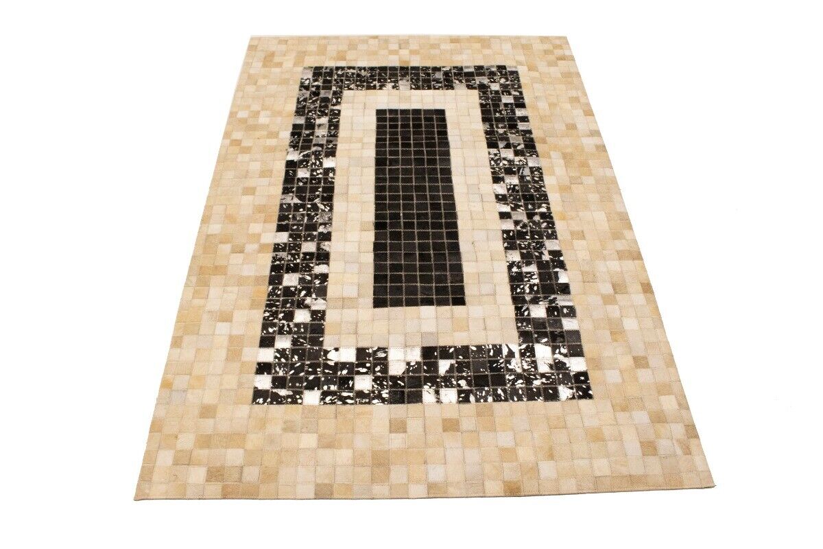 Hand-Stitched Black Beige Cowhide Leather Rug 4X6