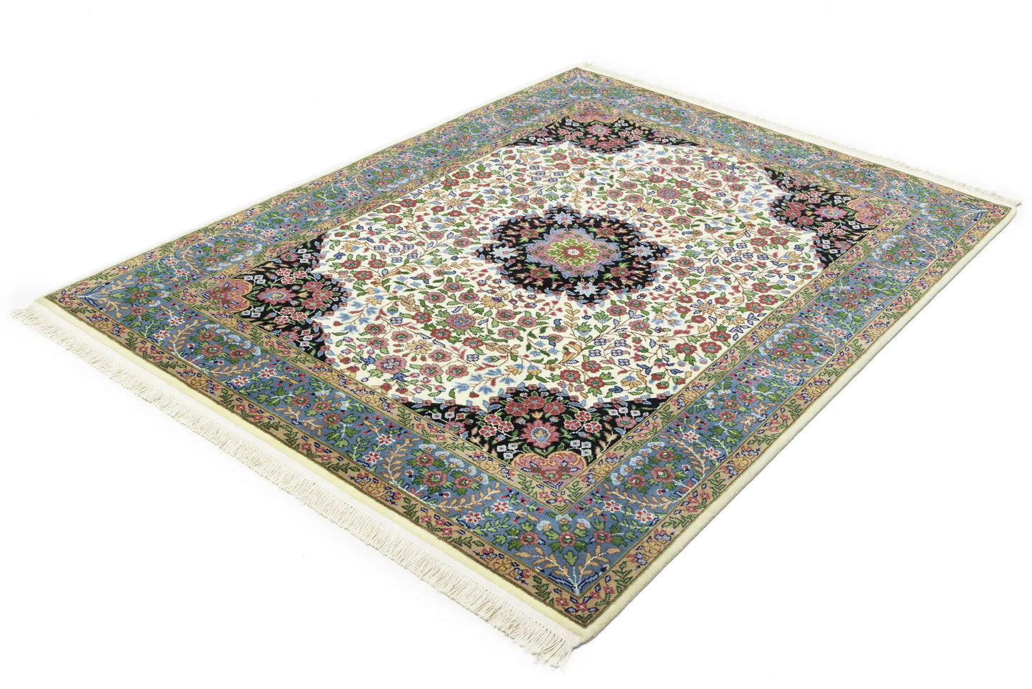 Handmade Kirman Oriental Rug Cream & Blue Floral