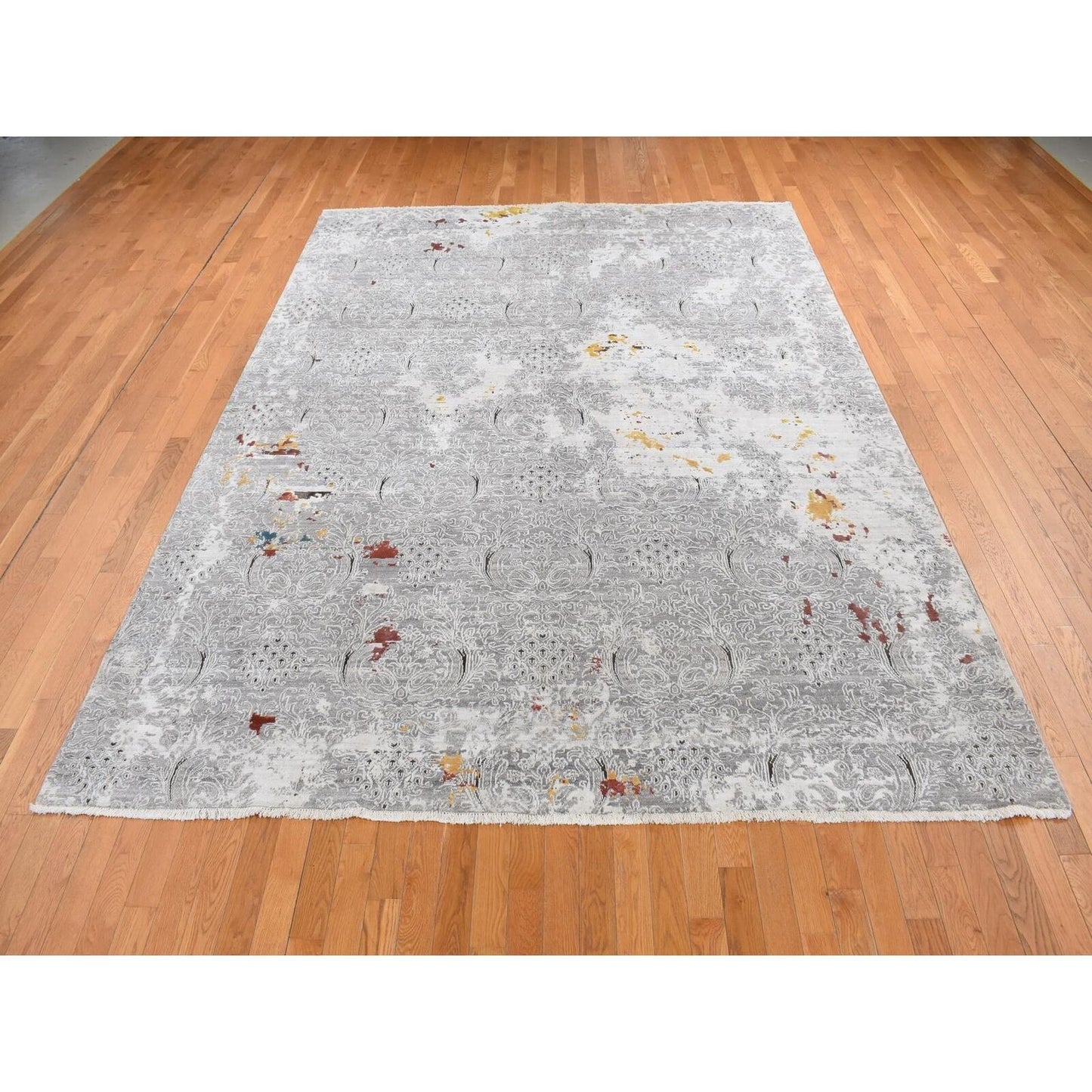 8'9"X11'10" Gray Hand Knotted Modern Broken Design Wool And Silk Rug