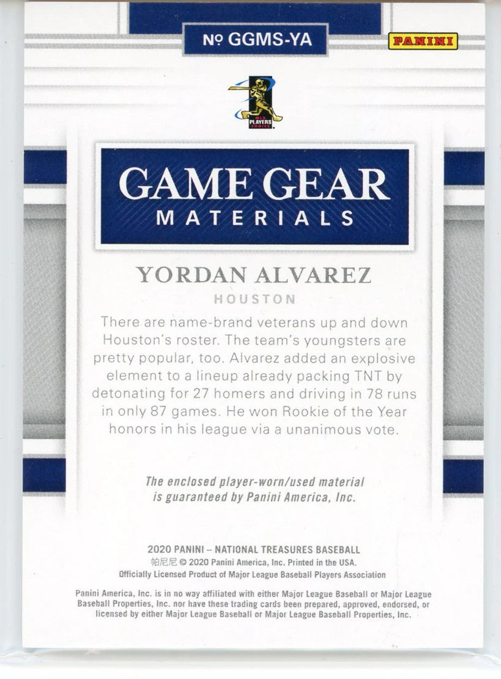 Yordan Alvarez 2020 Panini National Treasures