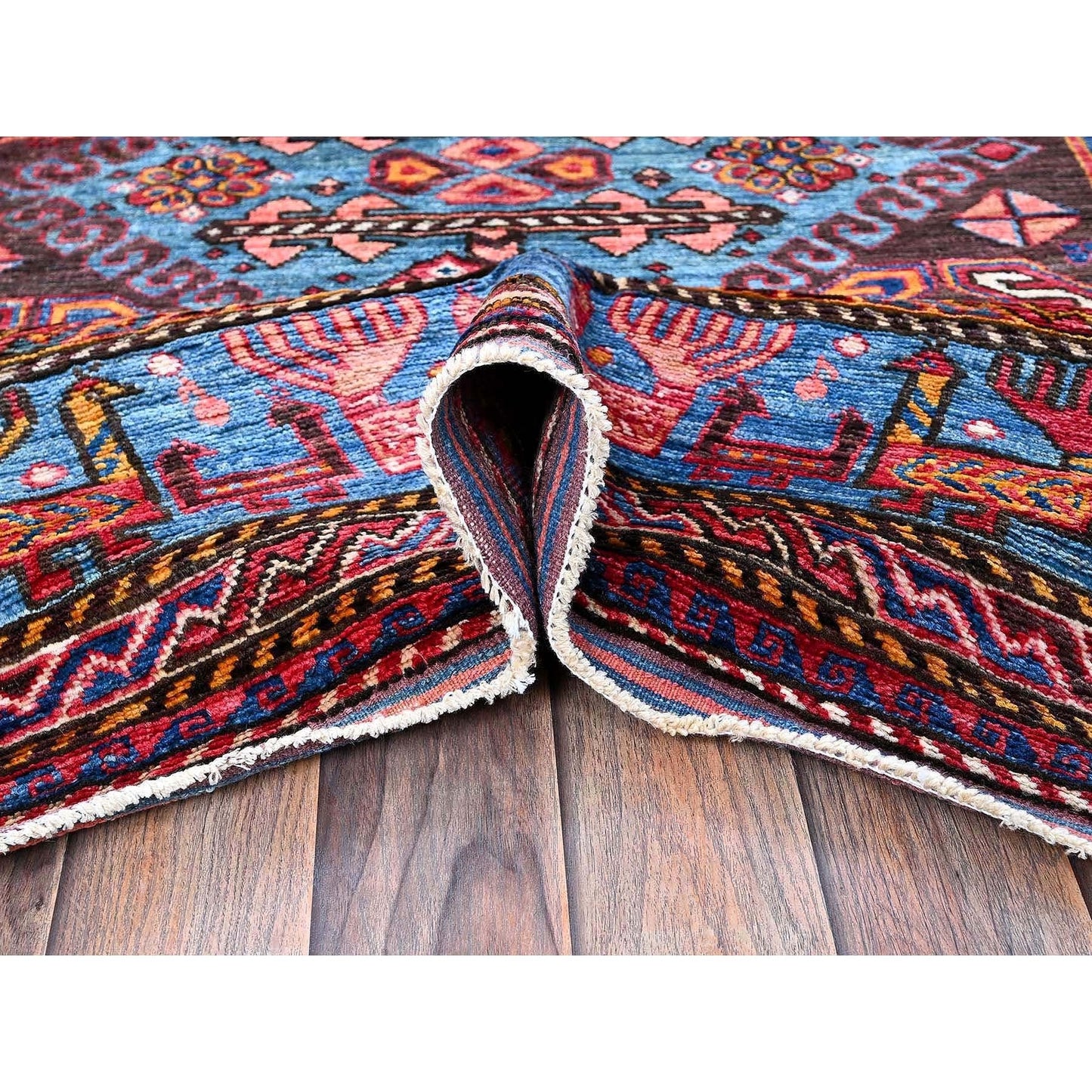 6'X7'8" Ivory Afghan Caucasian Design Revival Soft Wool Hand Knotted Rug