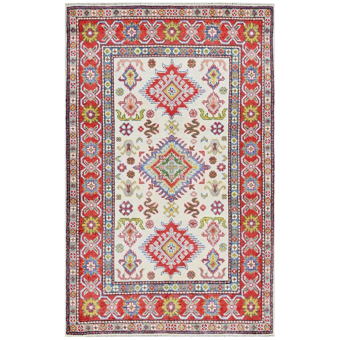 3'2"X5'3" White Hand Knotted Kazak Geometric Medallions Design All Wool Rug
