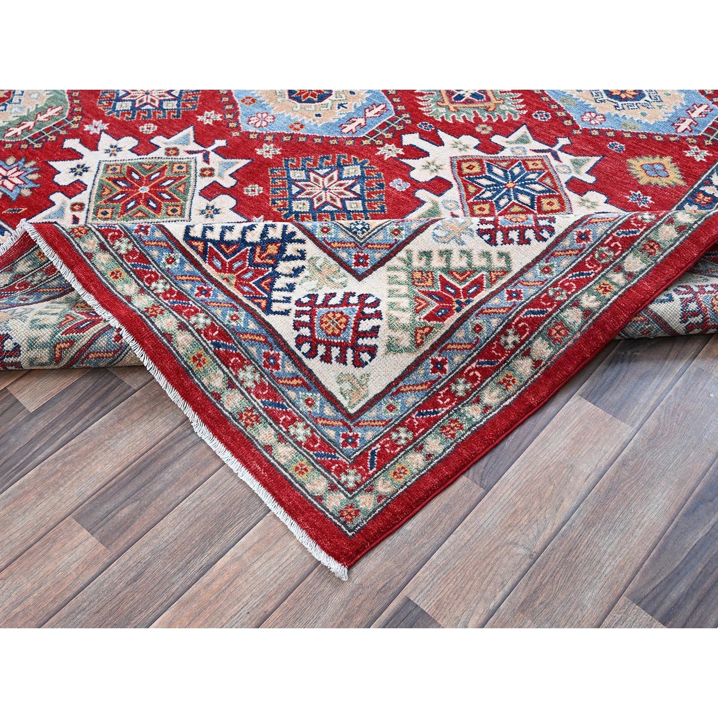 8'2"X9'8" Red Kazak With Geometric Medallions Design Wool Hand Knotted Rug