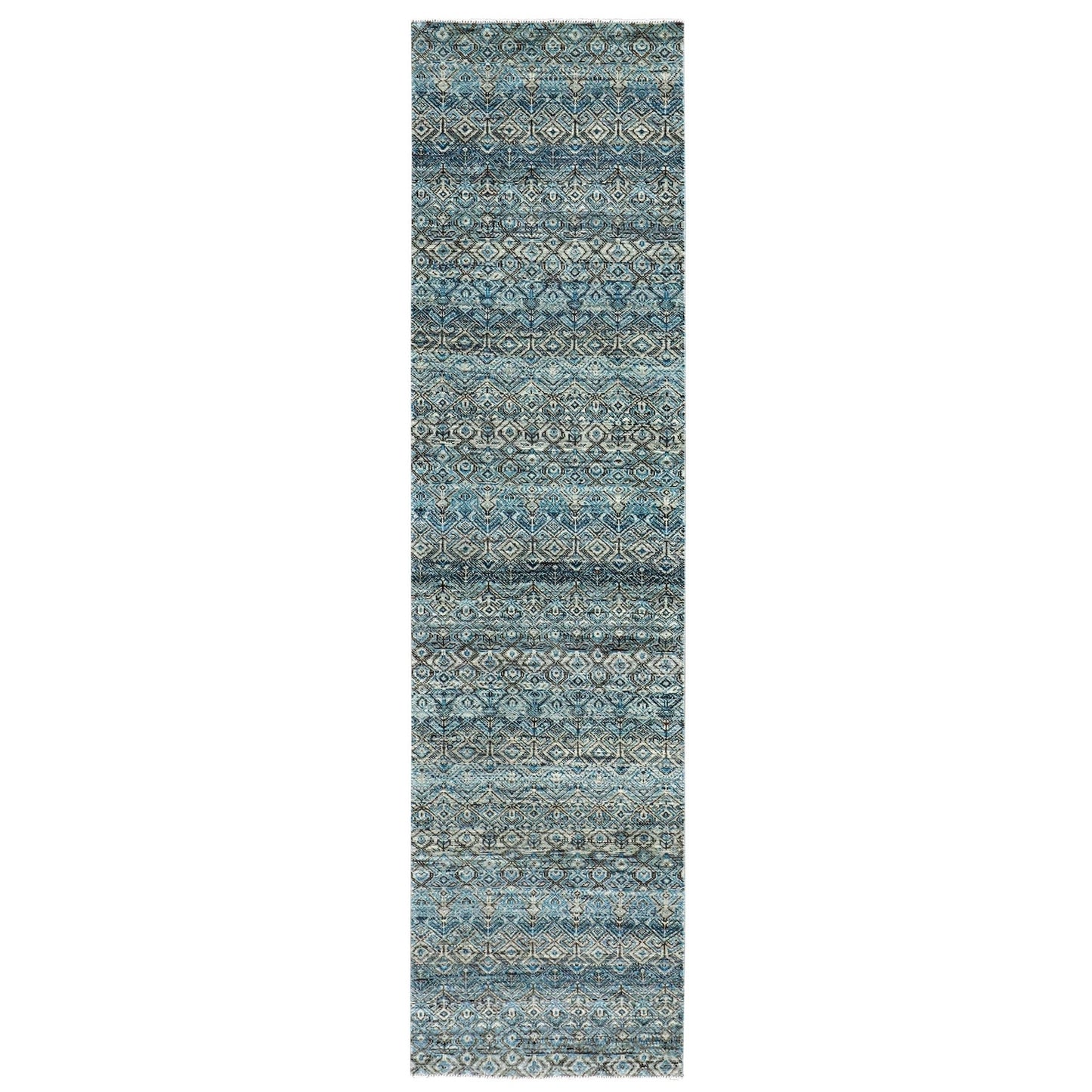 2'6"X10' Blue 100% Wool Hand Knotted Kohinoor Herrita Design Runner Rug