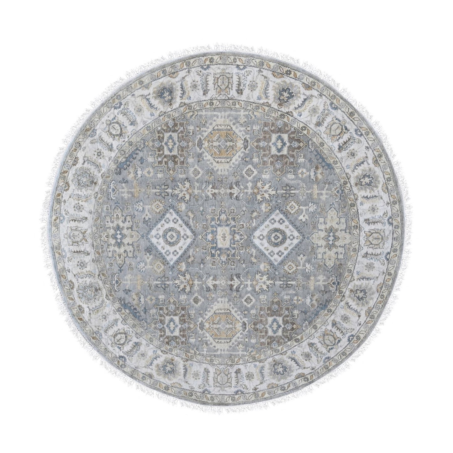 7'X7' Gray And Ivory Hand Knotted Karjihooz Design Soft Wool Round Rug