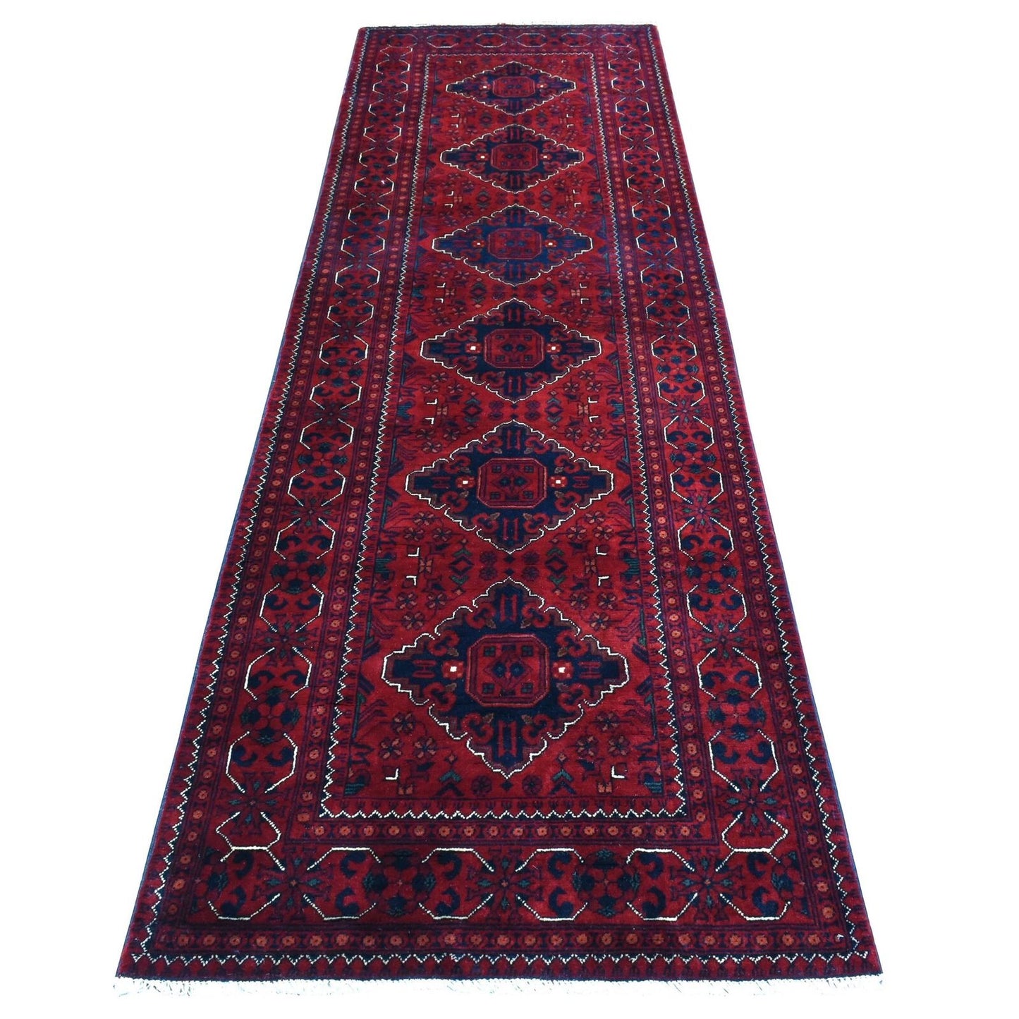 3'X9'10" Red Geometric Design Hand Knotted Afghan Khamyab Wool Runner Rug