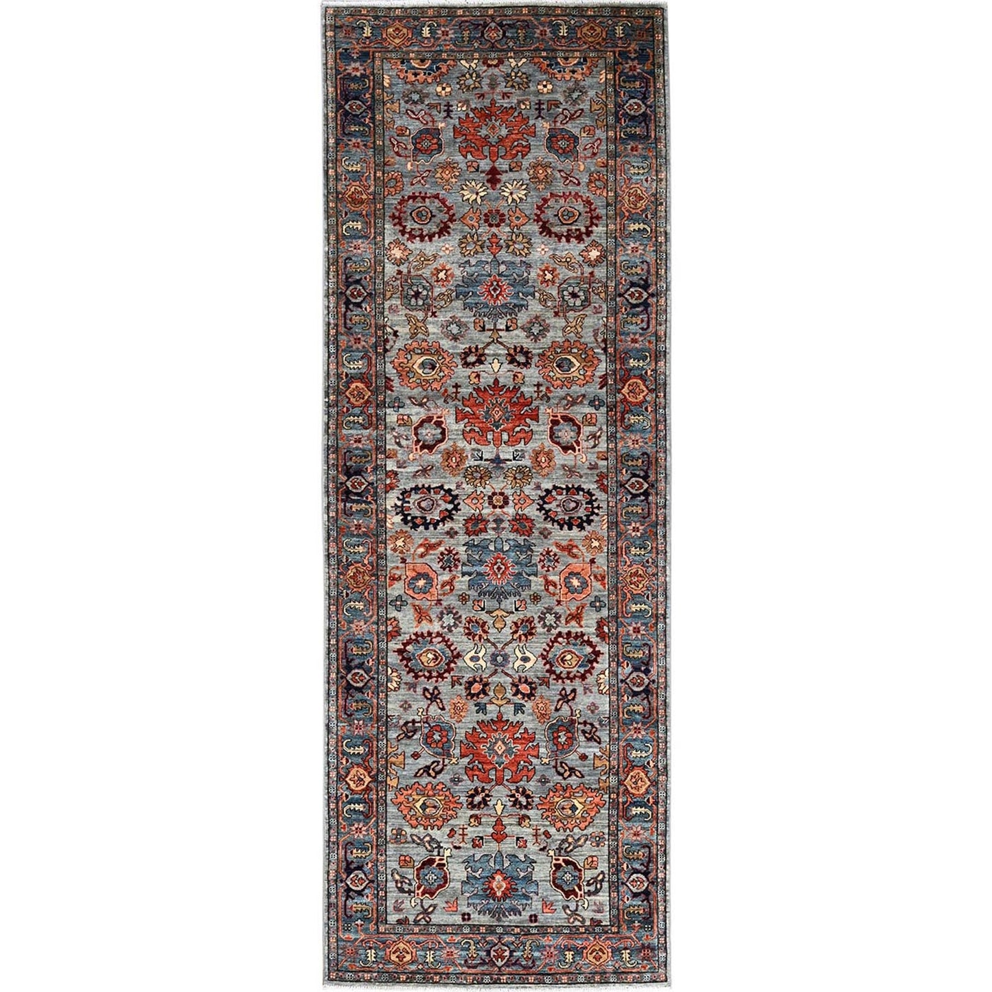 4'1"X11'9" Agate Gray Heris All Over Design Hand Knotted Wool Runner Rug