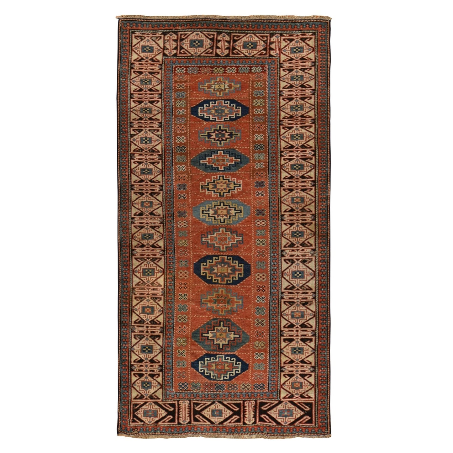 3'9"X8'4" Red Antique Caucasian Mogan Kazak Wool Hand Knotted Runner Rug