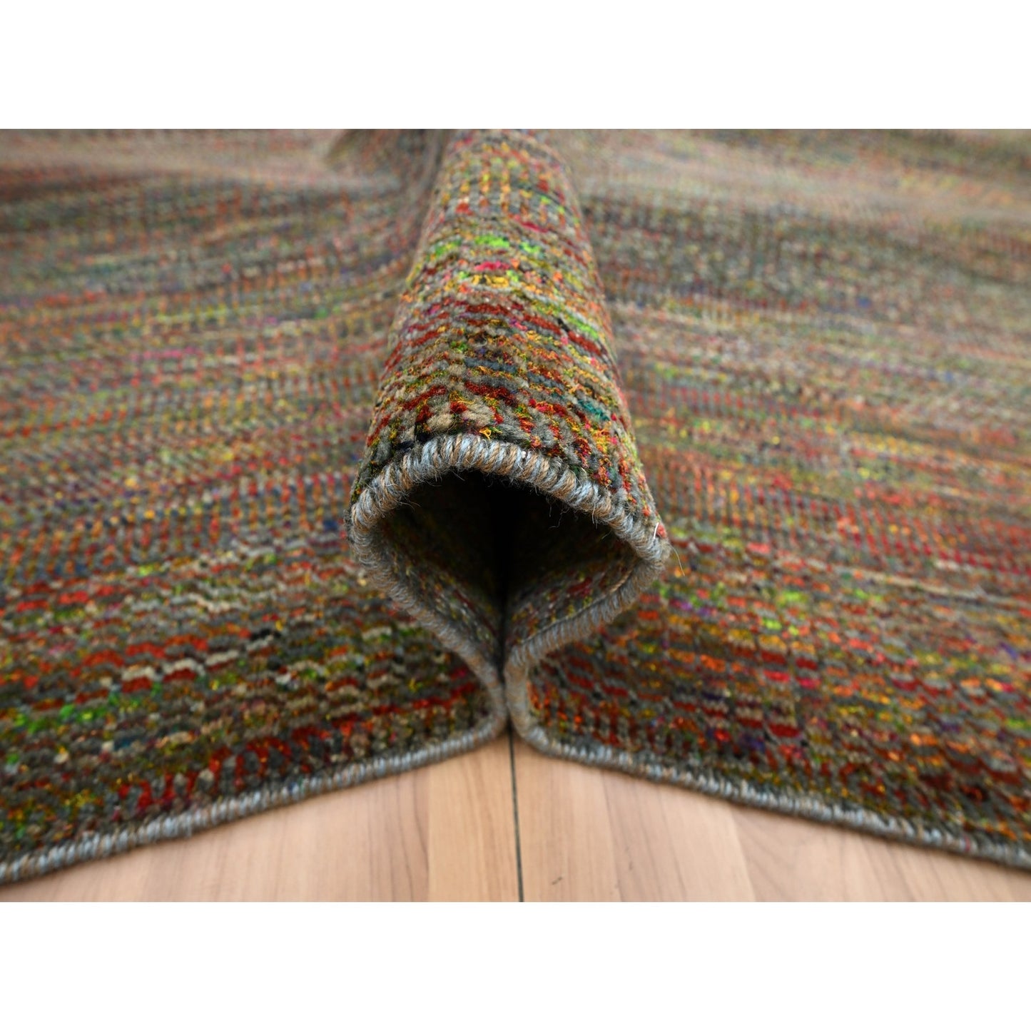 9'1"X12'2" Olive Green Wool And Silk Modern Grass Design Hand Knotted Rug