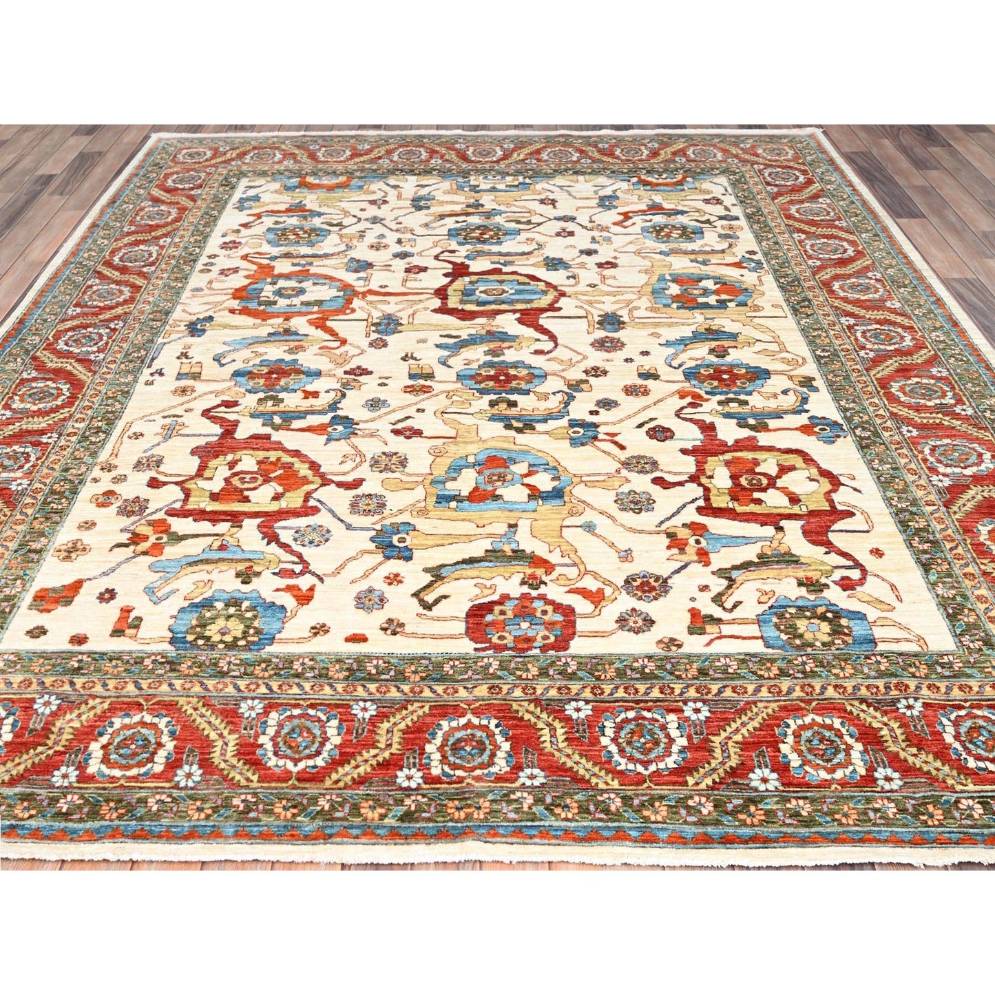 8'1"X9'9" White Wool 200 Kpsi Heris Design Hand Knotted Oriental Rug