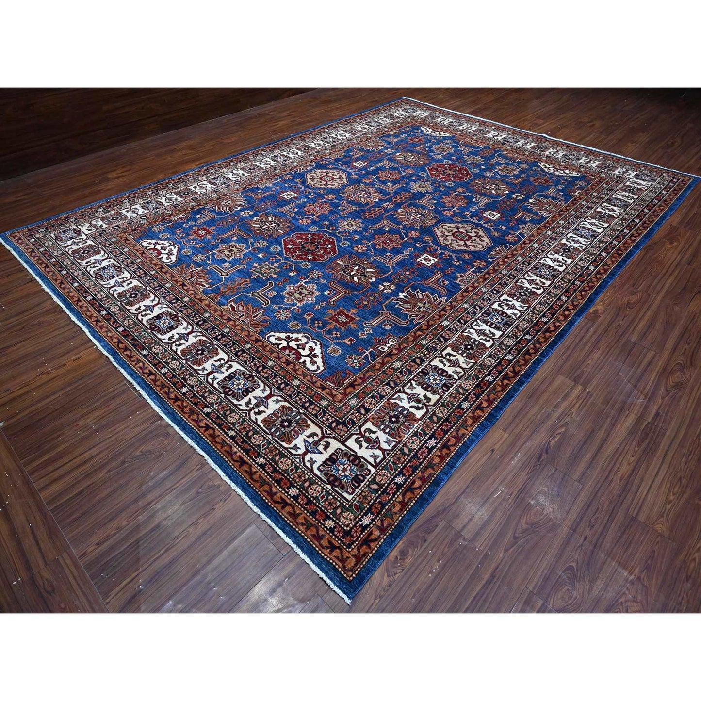 9'10"X13'5" Periwinkle Blue Super Kazak Wool Hand Knotted Geometric Rug