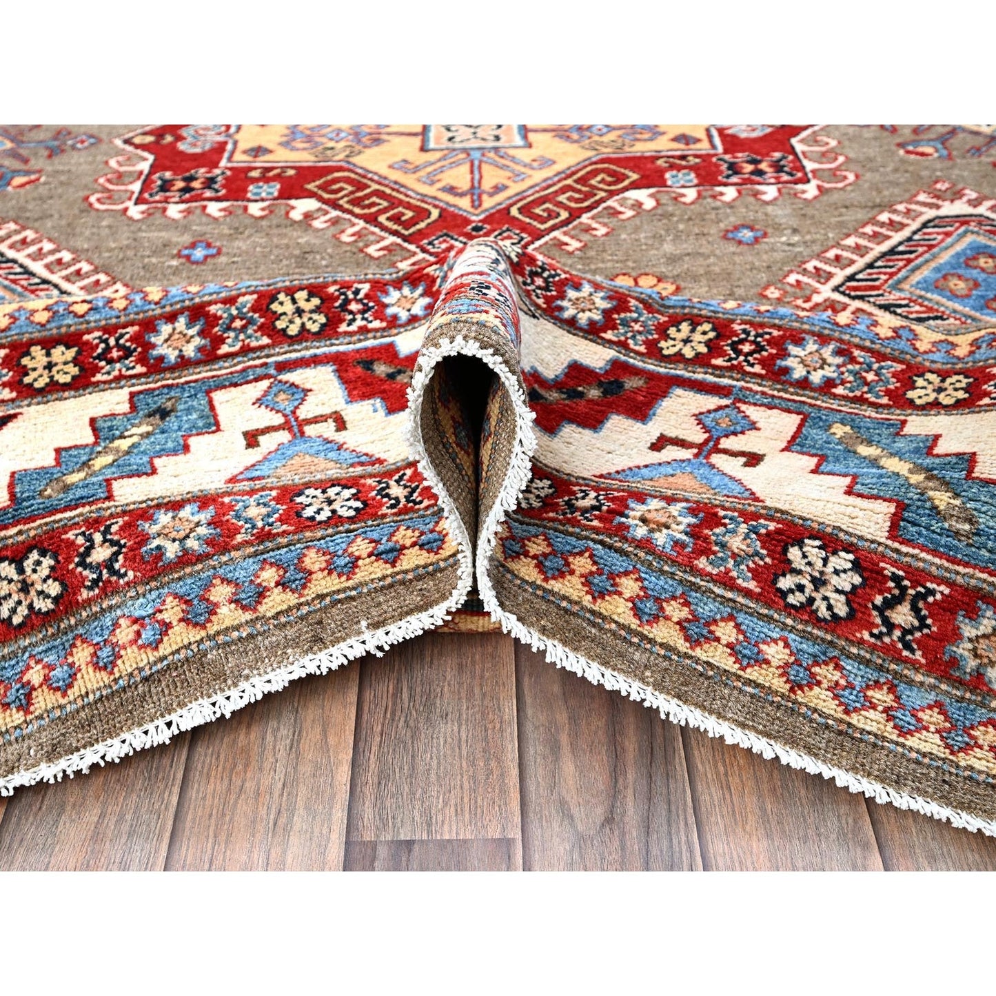 8'2"X10' Brown Afghan Special Kazak Geometric Design Hand Knotted Wool Rug