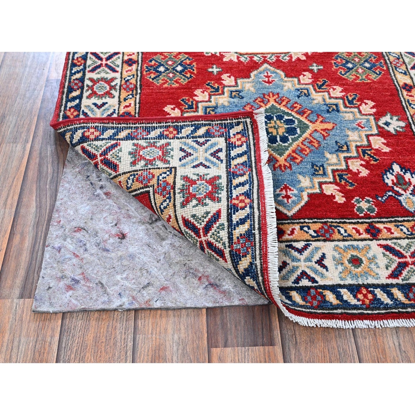 2'7"X6'9" Red Kazak Medallions Design Soft Wool Hand Knotted Runner Rug