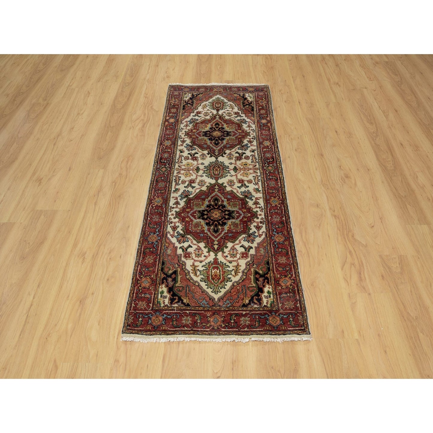 2'7"X6'2" White Wool Antiqued Heris Re-Creation Hand Knotted Runner Rug