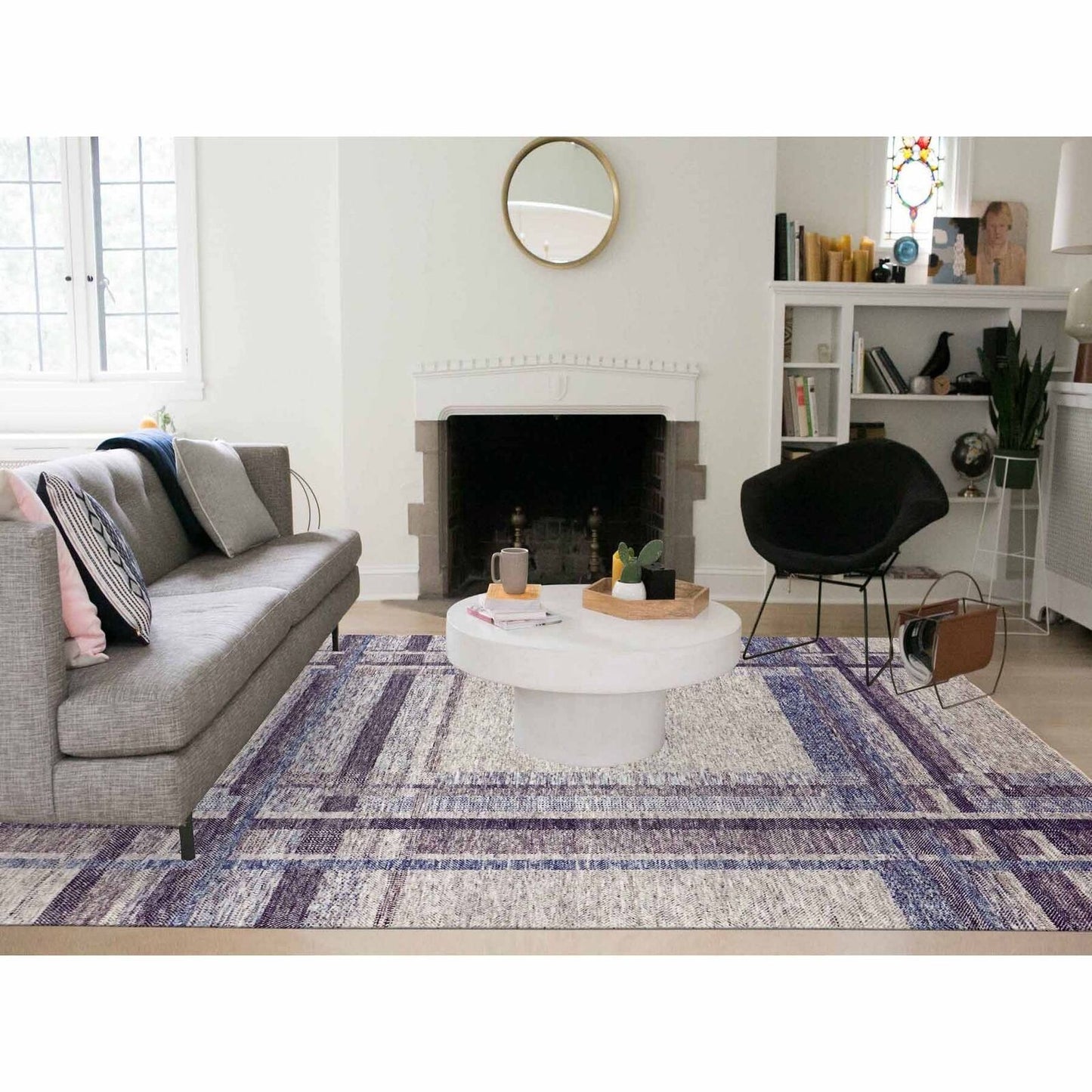 9'X12'1" Gray Geometric Opened Up Plaid Design Wool Hand Knotted Rug