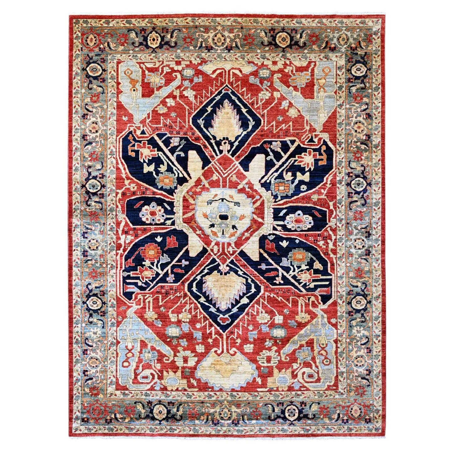 9'X12' Red Seeripe Heris With Flower Design Hand Knotted 100% Wool Rug