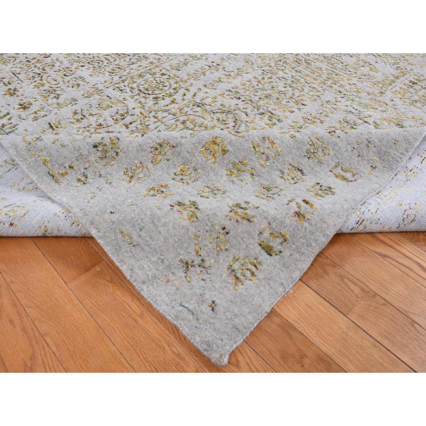 9'10"X14' Silk Gray Broken Mamluk Design Hand Loomed Wool And Silk Rug