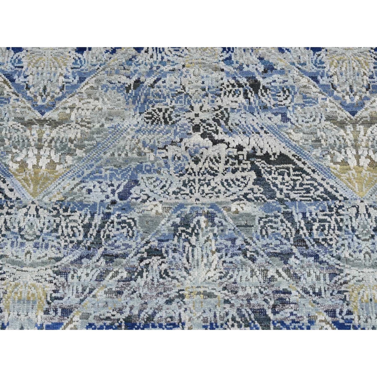 2'7"X8'3" Blue Broken And Erased Silk With Wool Hand Knotted Runner Rug