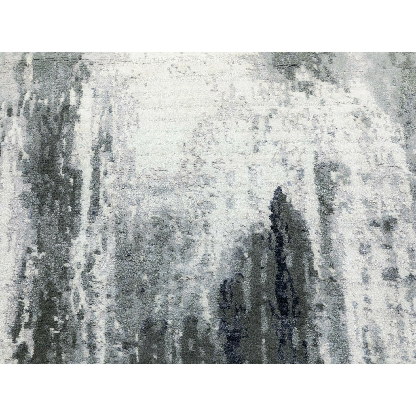 2'6"X10' Charcoal Black Abstract Design Wool-Silk Handknotted Runner Rug