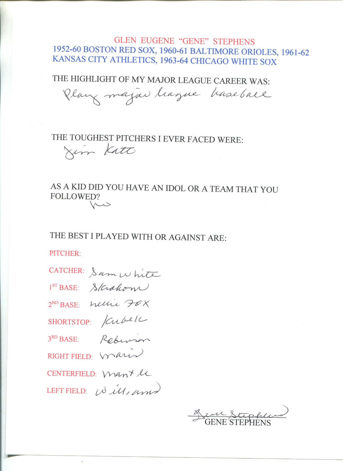 Gene Stephens Autographed Hand Filled Out Survey