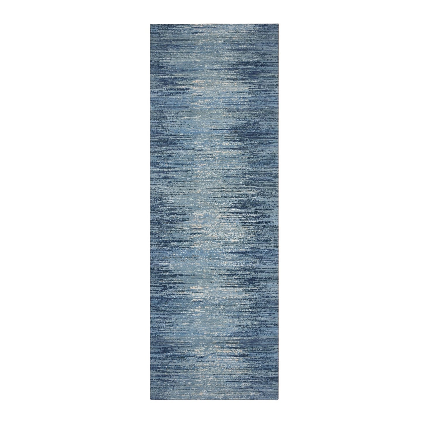 4'1"X12'2"Blue Ivory Hand Knotted Wool Horizontal Ombre Design Runner Rug