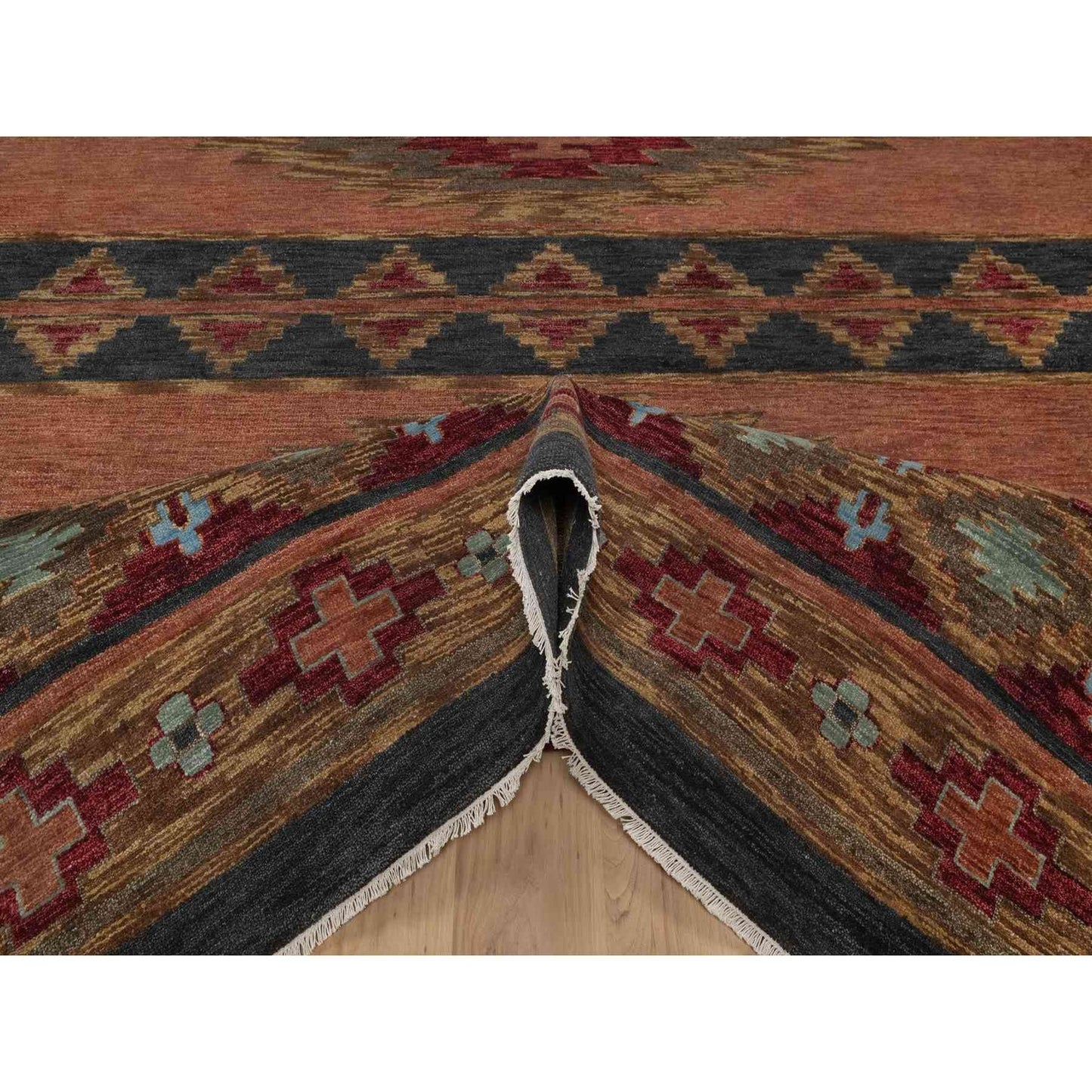 9'1"X12'1" Senna Brown Southwestern Design Hand Knotted Pure Wool Rug