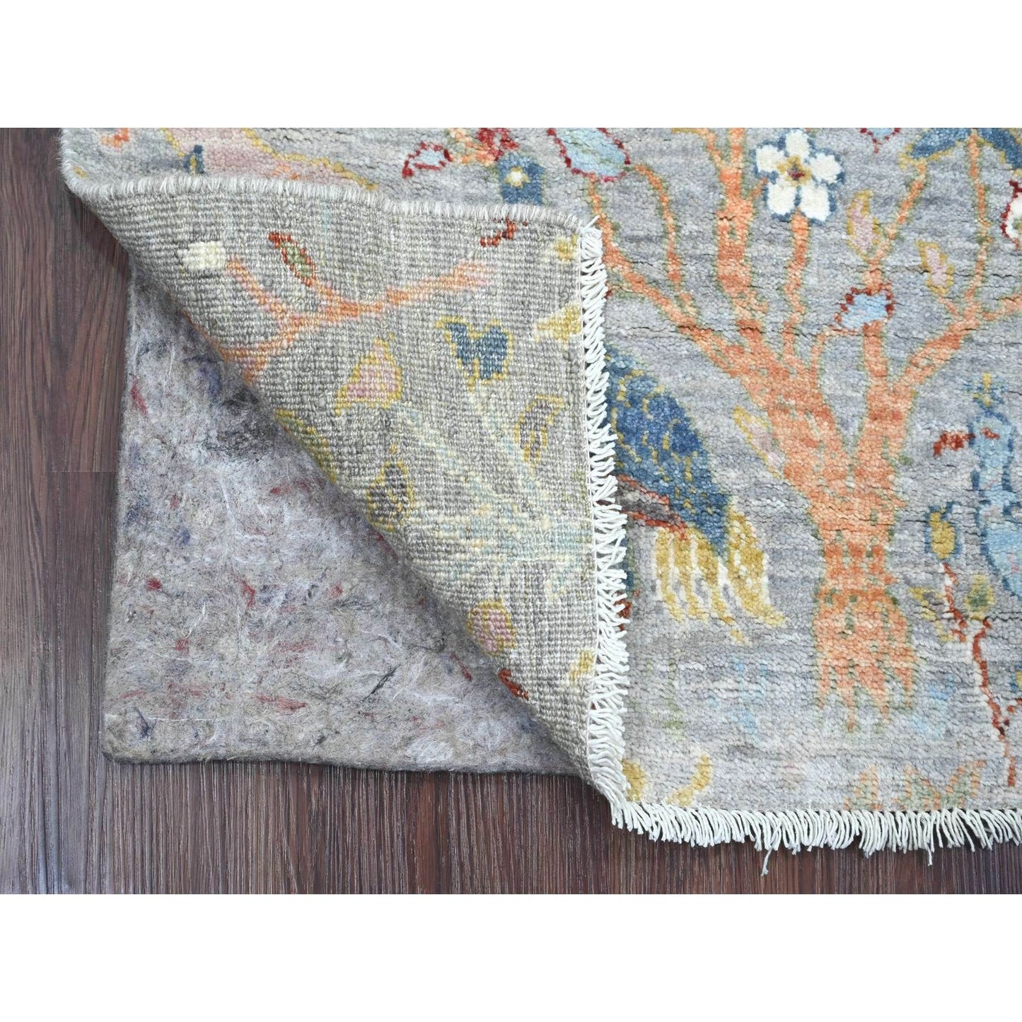 2'X6'2" Misty Gray Peshawar Bird Design Hand Knotted Soft Wool Runner Rug