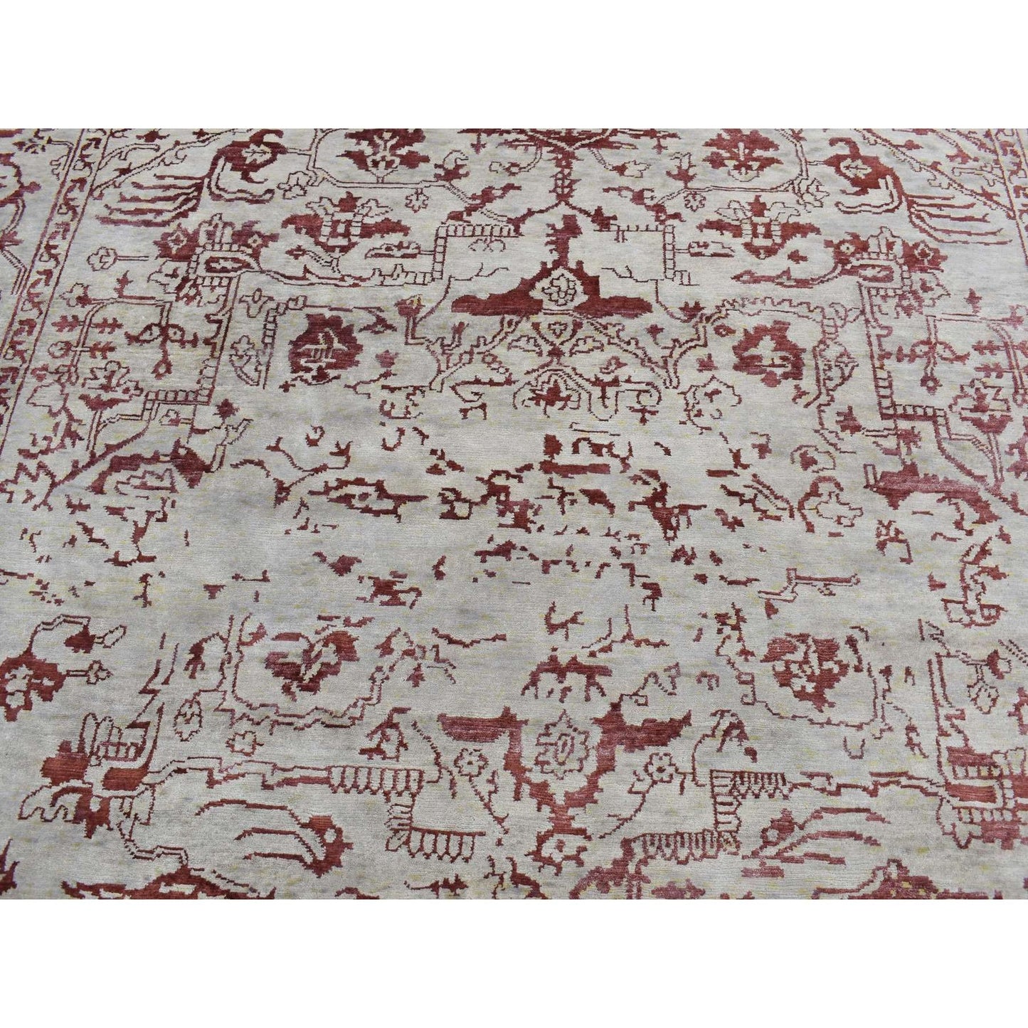 9'X11'9" Beige Broken Heris Design Wool And Silk Hand Knotted Rug