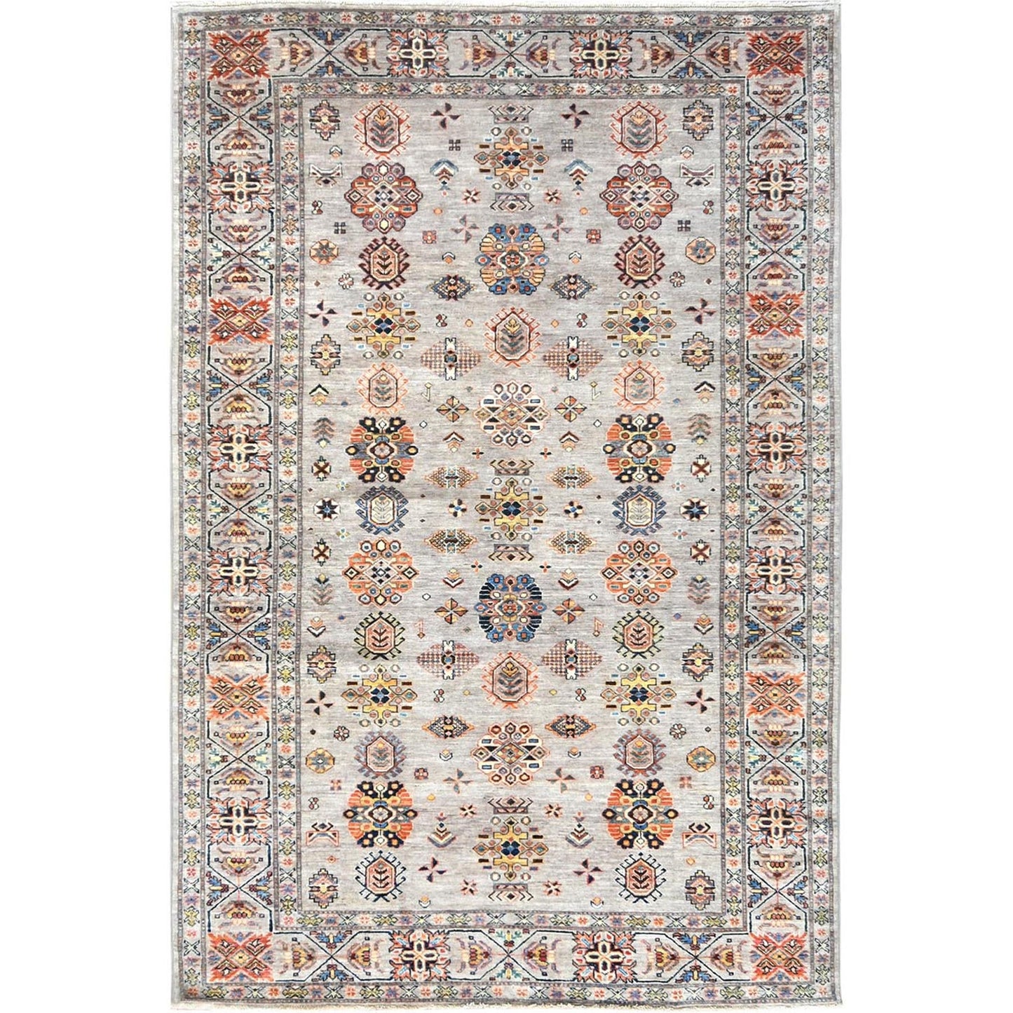 6'1"X9'1" Light Gray Hand Knotted Afghan Super Kazak Organic Wool Rug