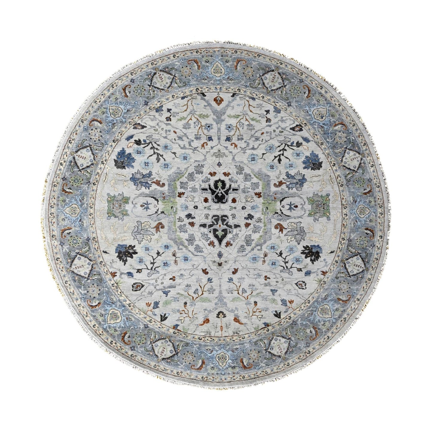 10'X10' Whirlwind Gray Wool Hand Knotted Floral Motifs Oushak Round Rug