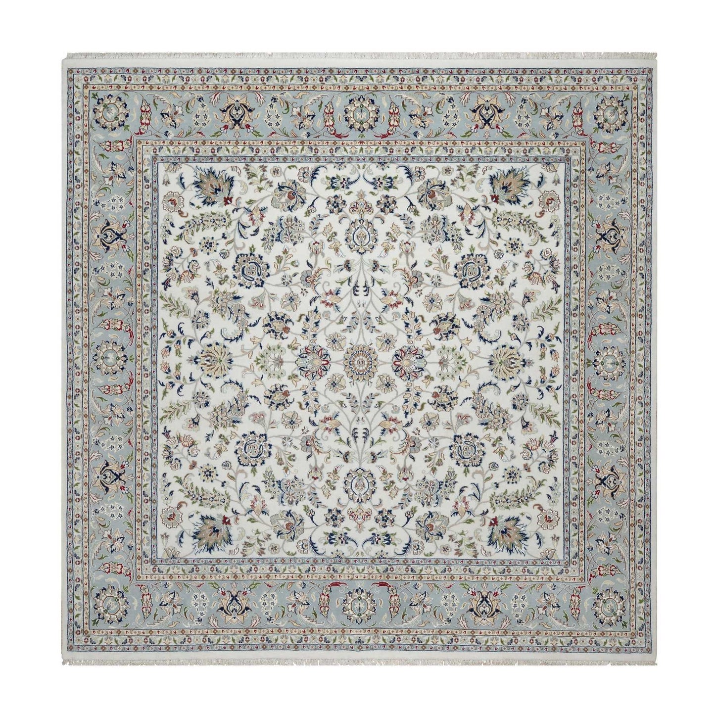 10'2"X10'2" White Nain Flower Motif Wool And Silk Hand Knotted Square Rug