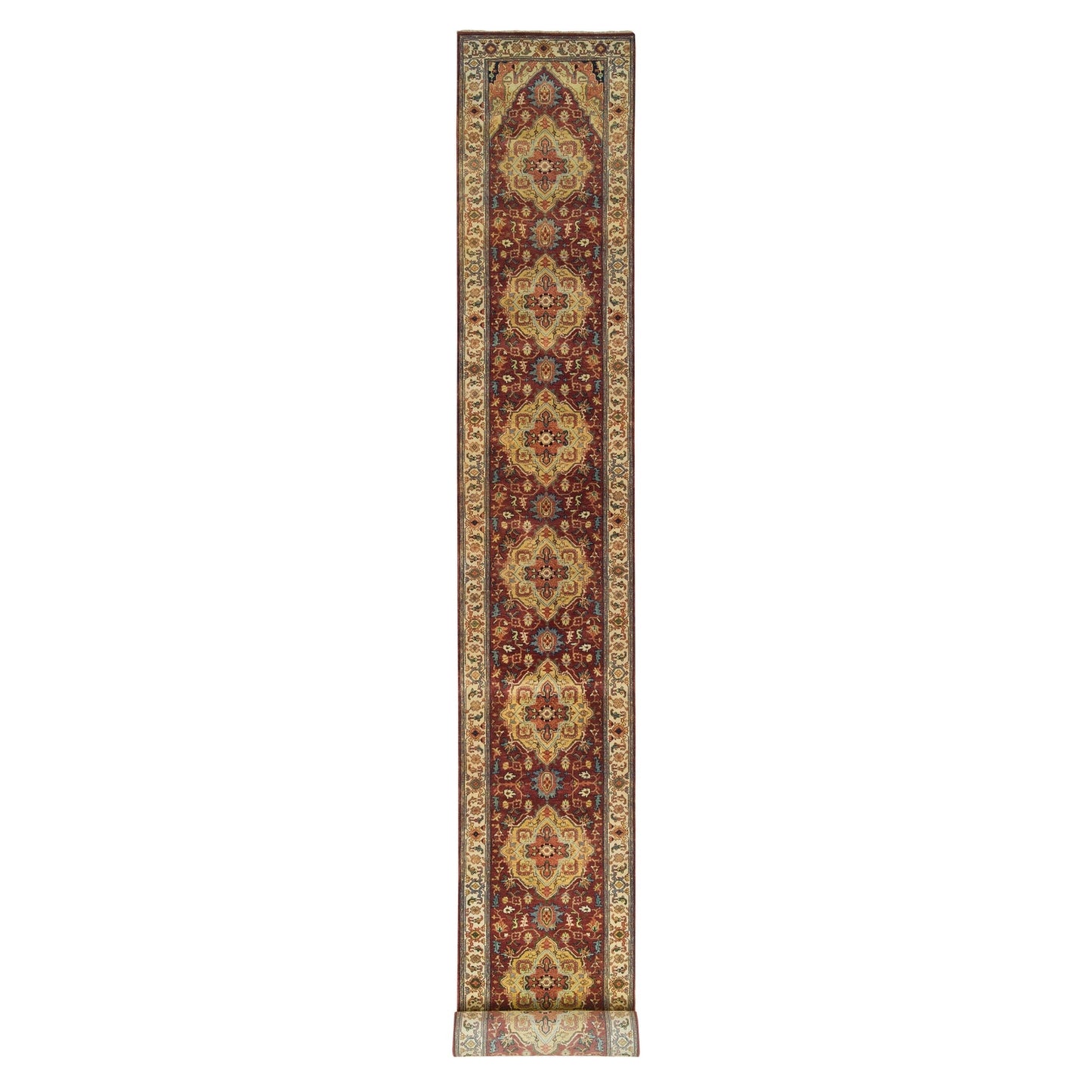 2'7"X22' Red Hand Knotted Heris Re-Creation Soft Wool Xl Runner Rug