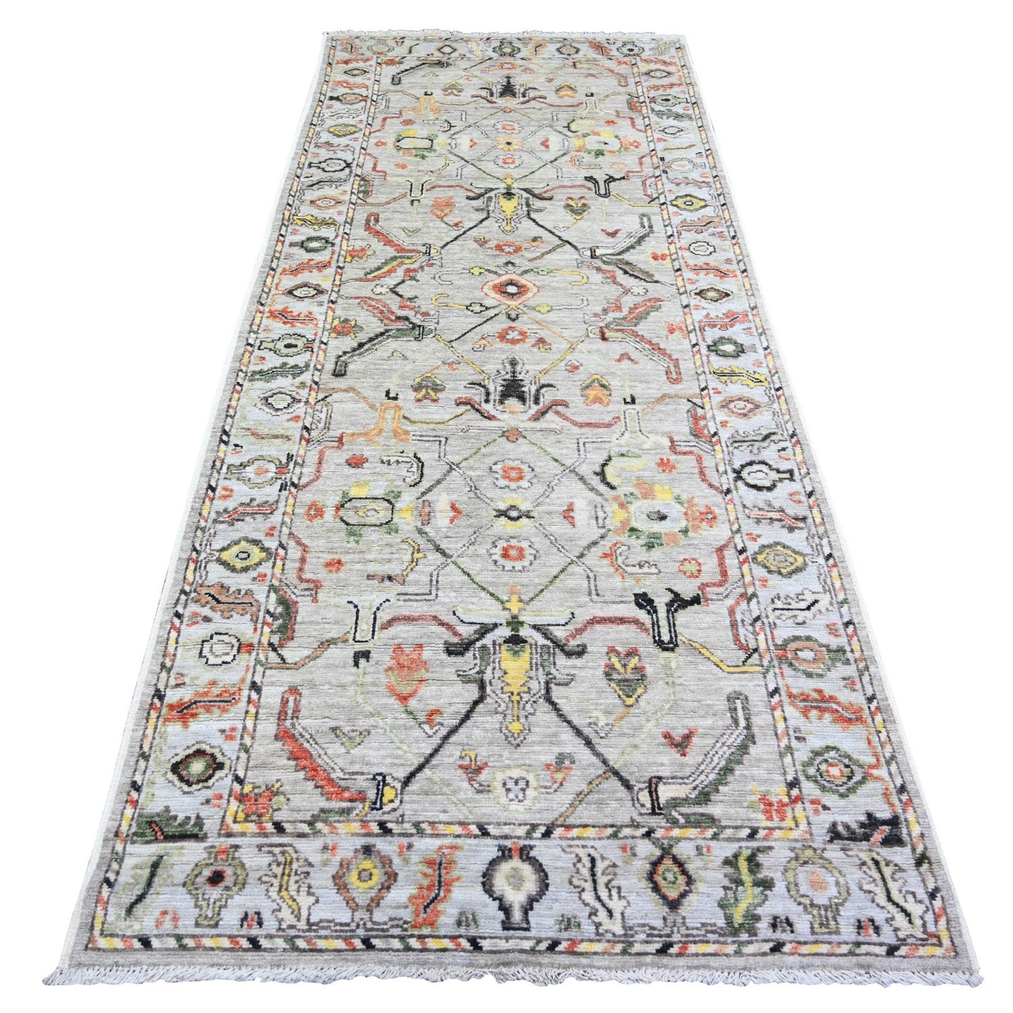 4'X9'10" Gray Hand Knotted Afghan Angora Oushak Wool Wide Runner Rug