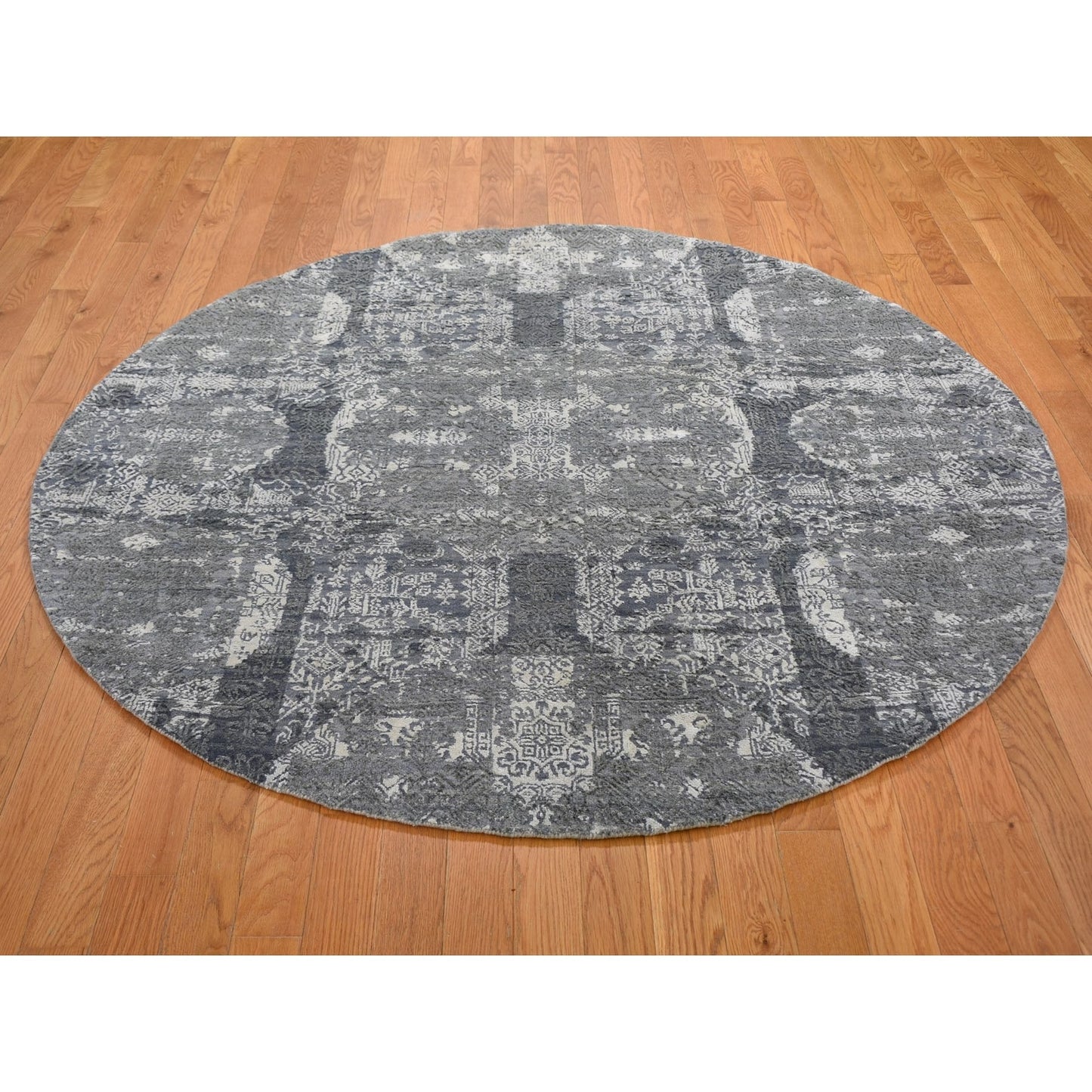 6'X6' Round Gray Wool And Pure Silk Jewellery Design Hand Knotted Rug