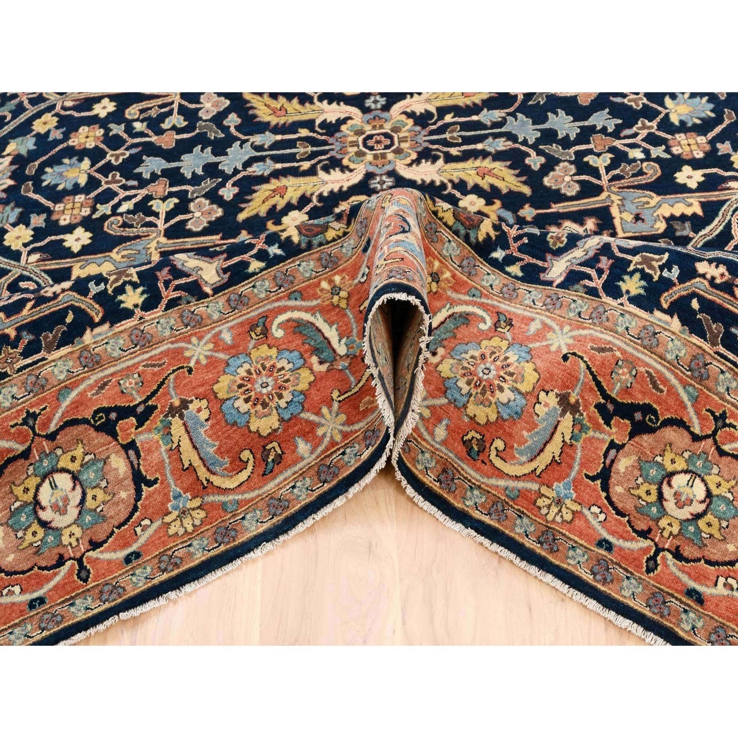 8'1"X10'1" Blue Antiqued Heris Re-Creation Soft Wool Hand Knotted Rug