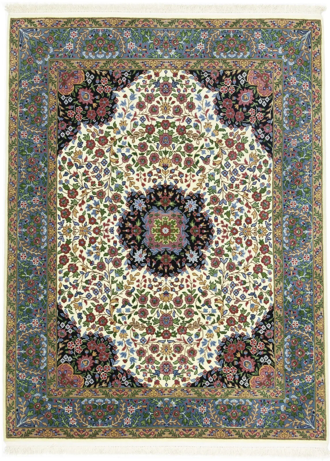 Handmade Kirman Oriental Rug Cream & Blue Floral