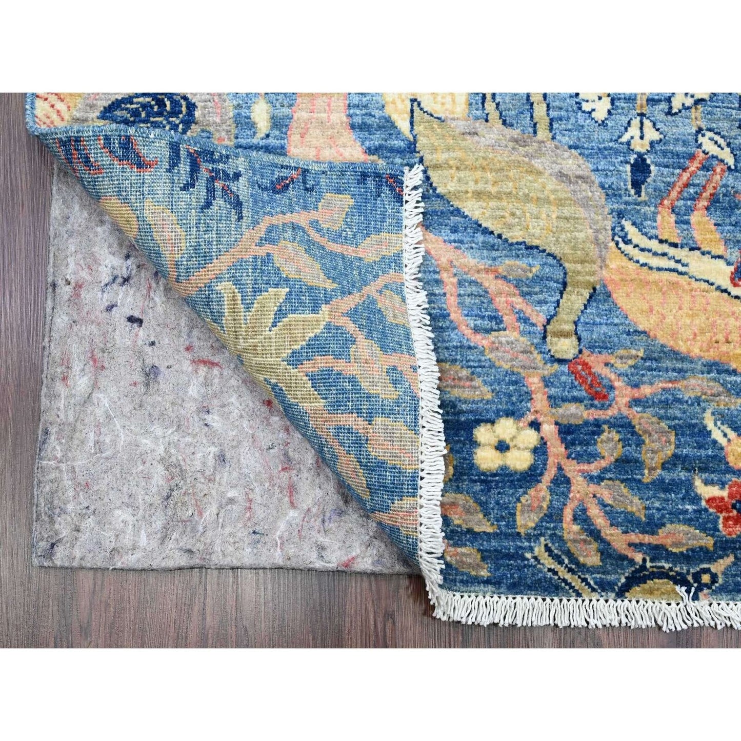3'1"X19'4" Blue Afghan Peshawar Birds Design Hand Knotted Wool Runner Rug