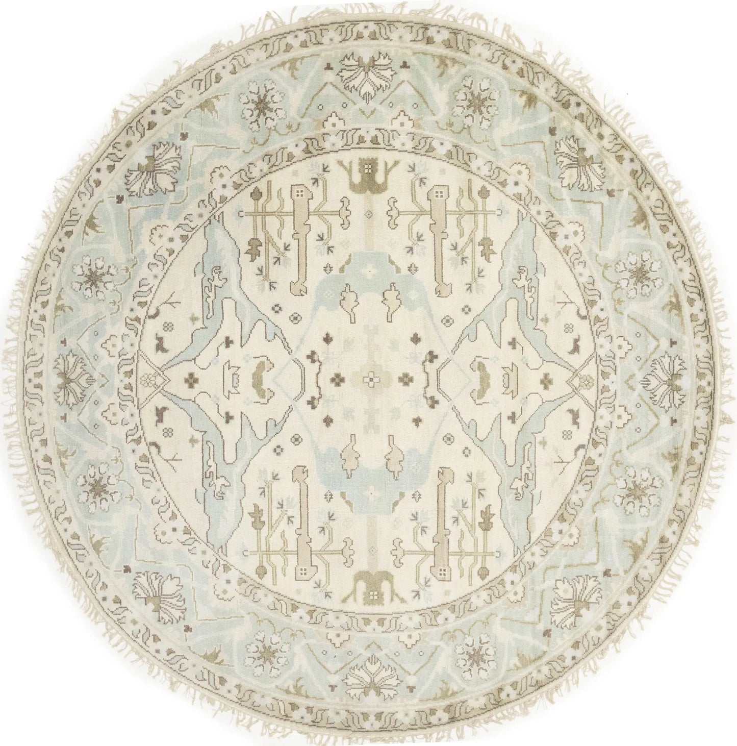 Hand-Knotted Cream Round Oushak Oriental Rug