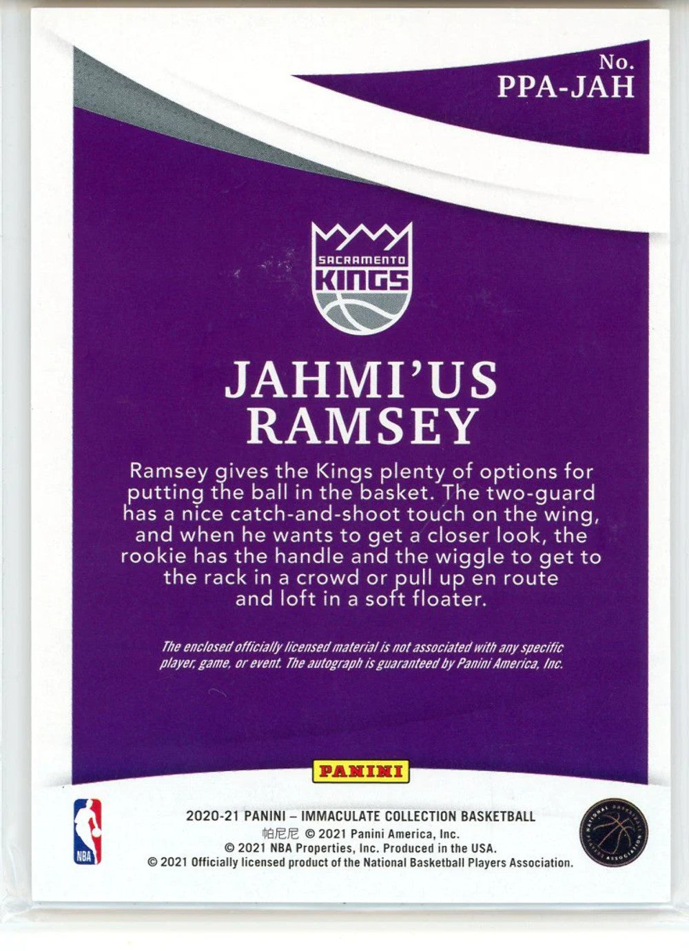 Jahmi'Us Ramsey Autographed 2020-21 Panini Immaculate Collection Rookie Patch Ca