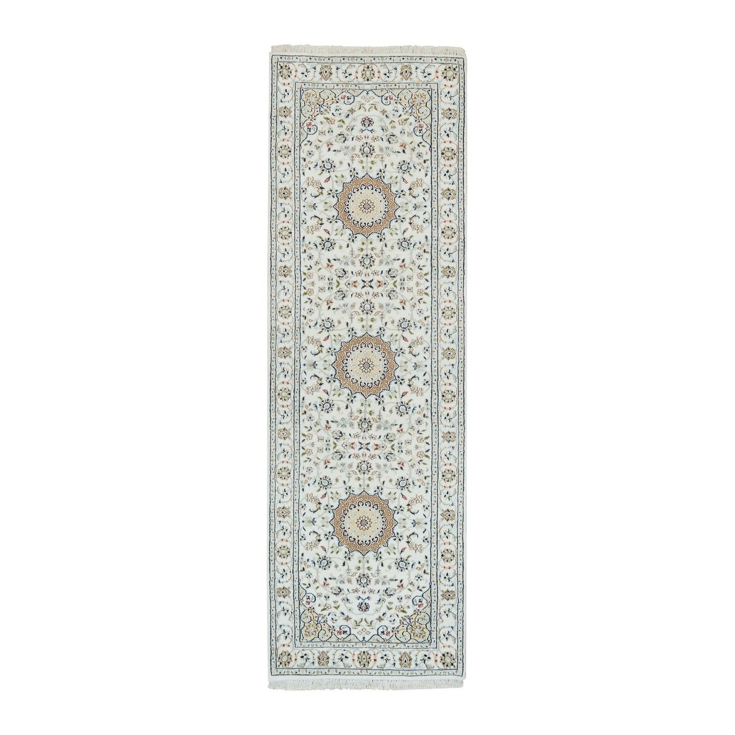 2'6"X8'2" White Hand Knotted Nain Design 250 Kpsi Organic Wool Runner Rug