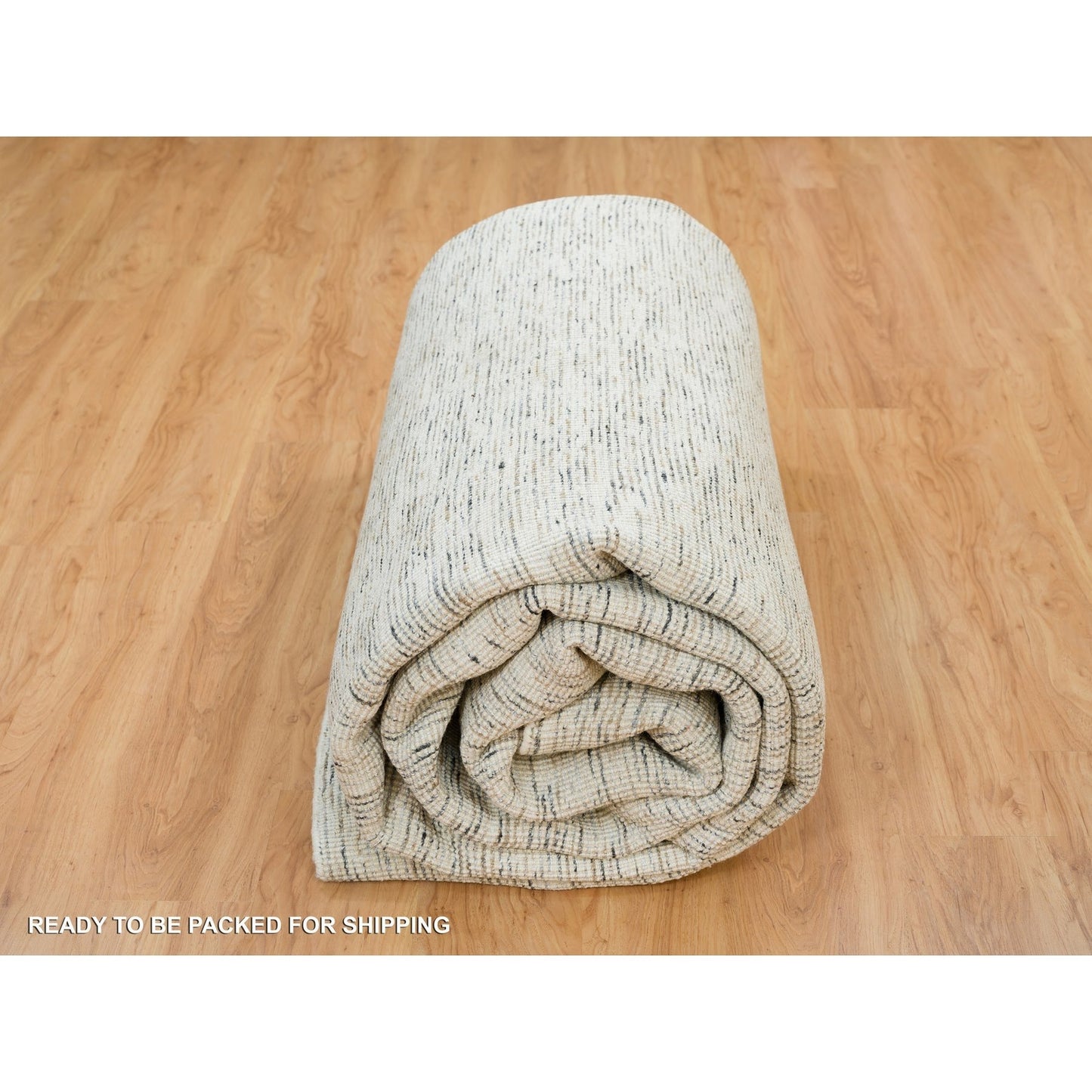 12'2"X15' Beige Modern Striae Design Pure Wool Hand Loomed Oversized Rug