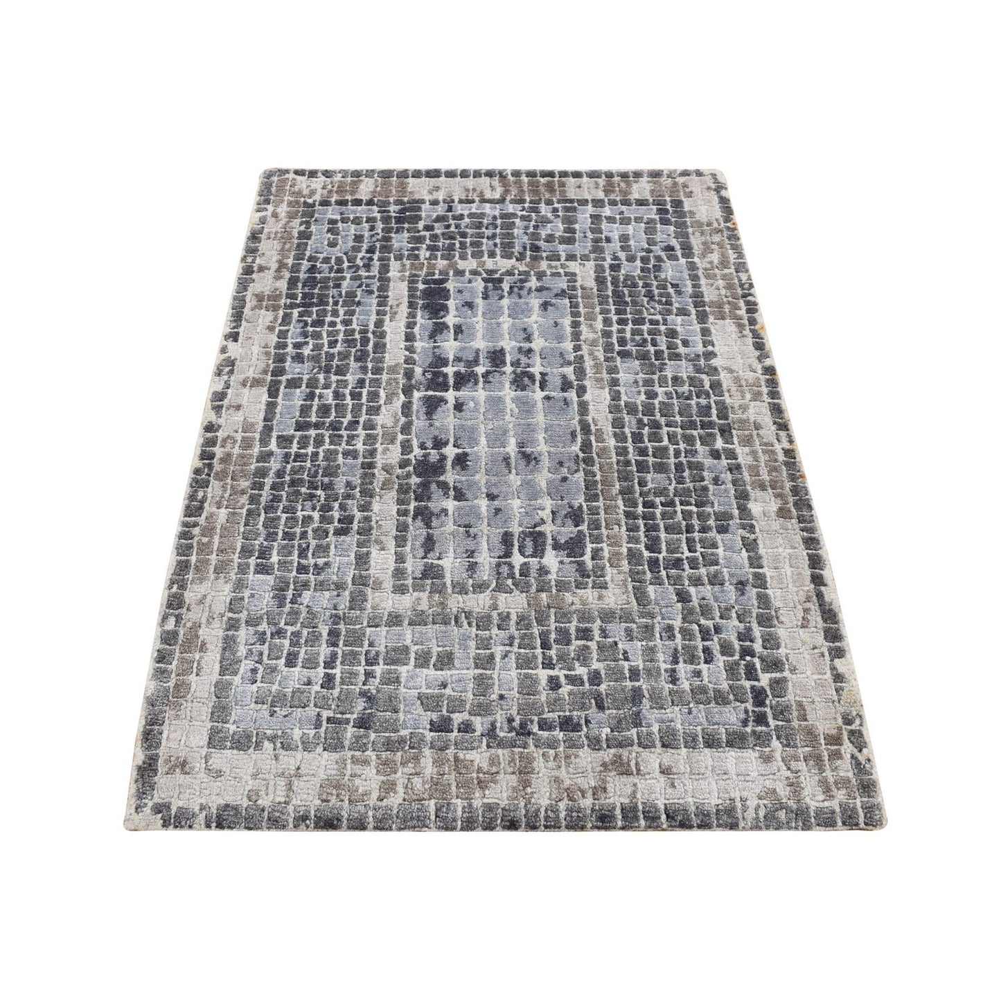 2'3"X3'2" Gray Silken Roman Mosaic Design Hand Knotted Sample Rug