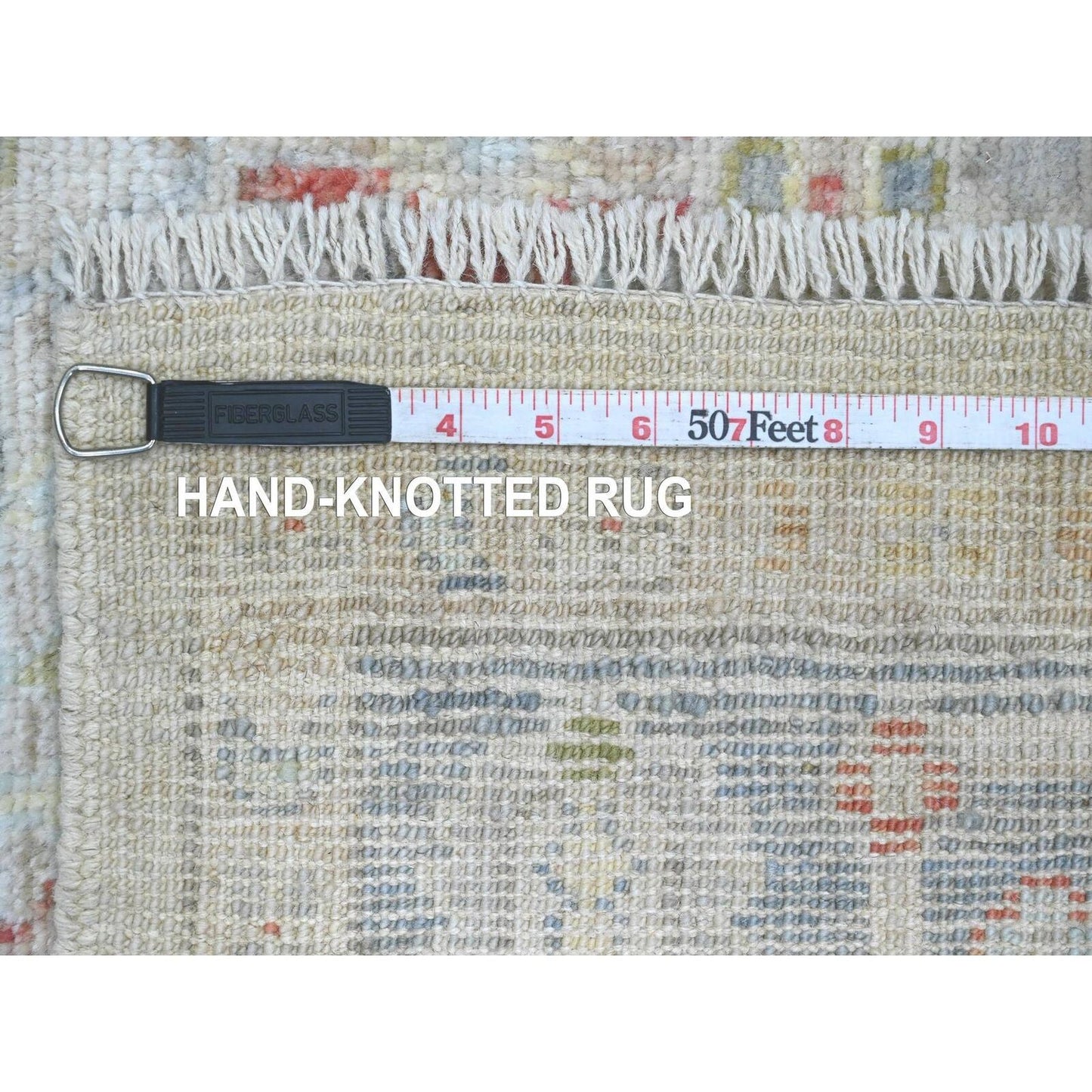 4'1"X10'1" White Hand Knotted Angora Oushak Leaf Design Wool Runner Rug