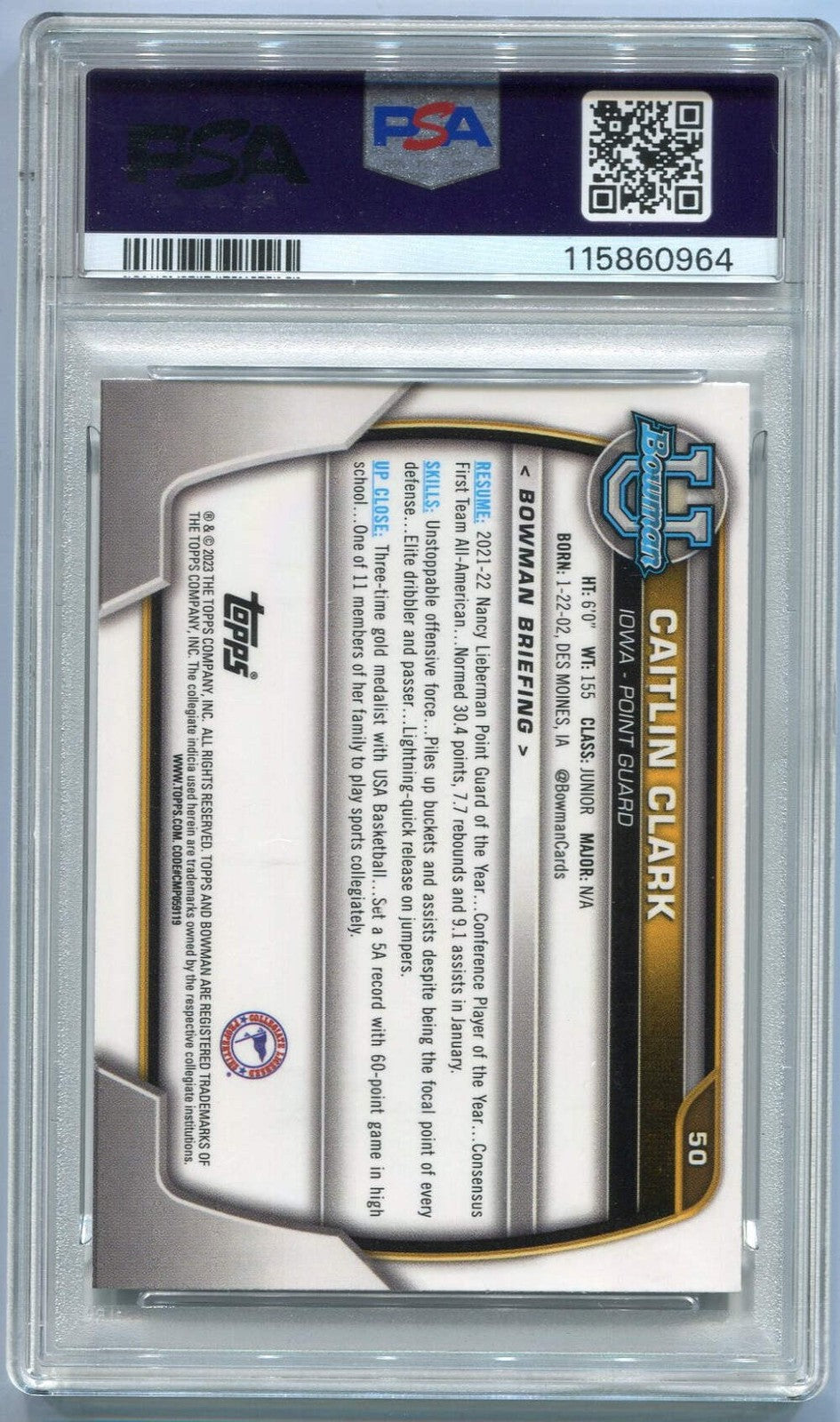 Caitlin Clark 2022 Bowman University Chrome Rc
