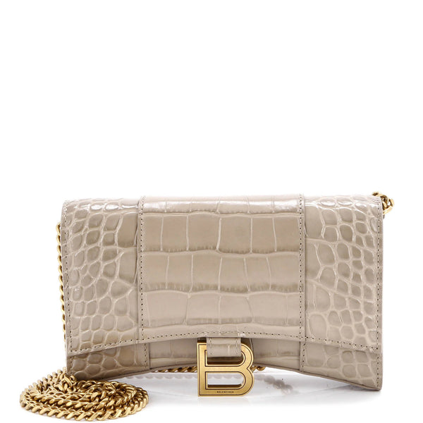 Balenciaga Hourglass Chain Wallet Crocodile Embossed Leather