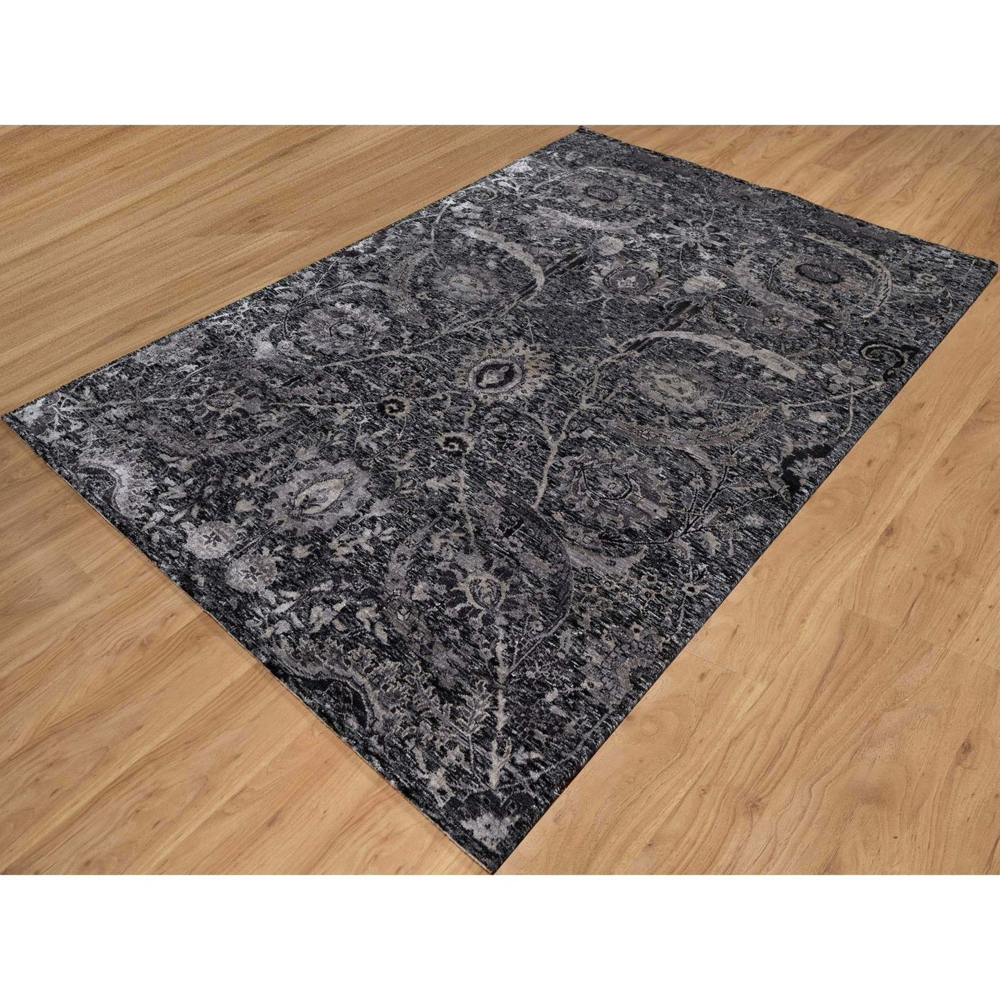 6'X8'10" Obsidian Black Wool And Silk Hand Knotted Sickle Leaf Design Rug