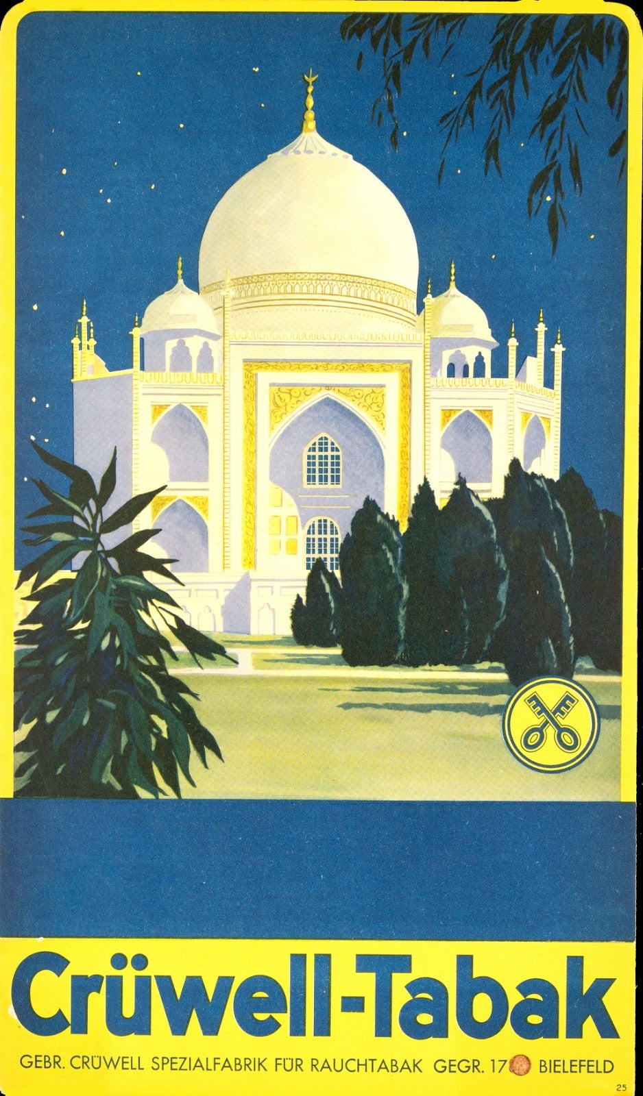 Cruwell Tabak Poster Taj Mahal German Tobacco Advertising C.1930S Original